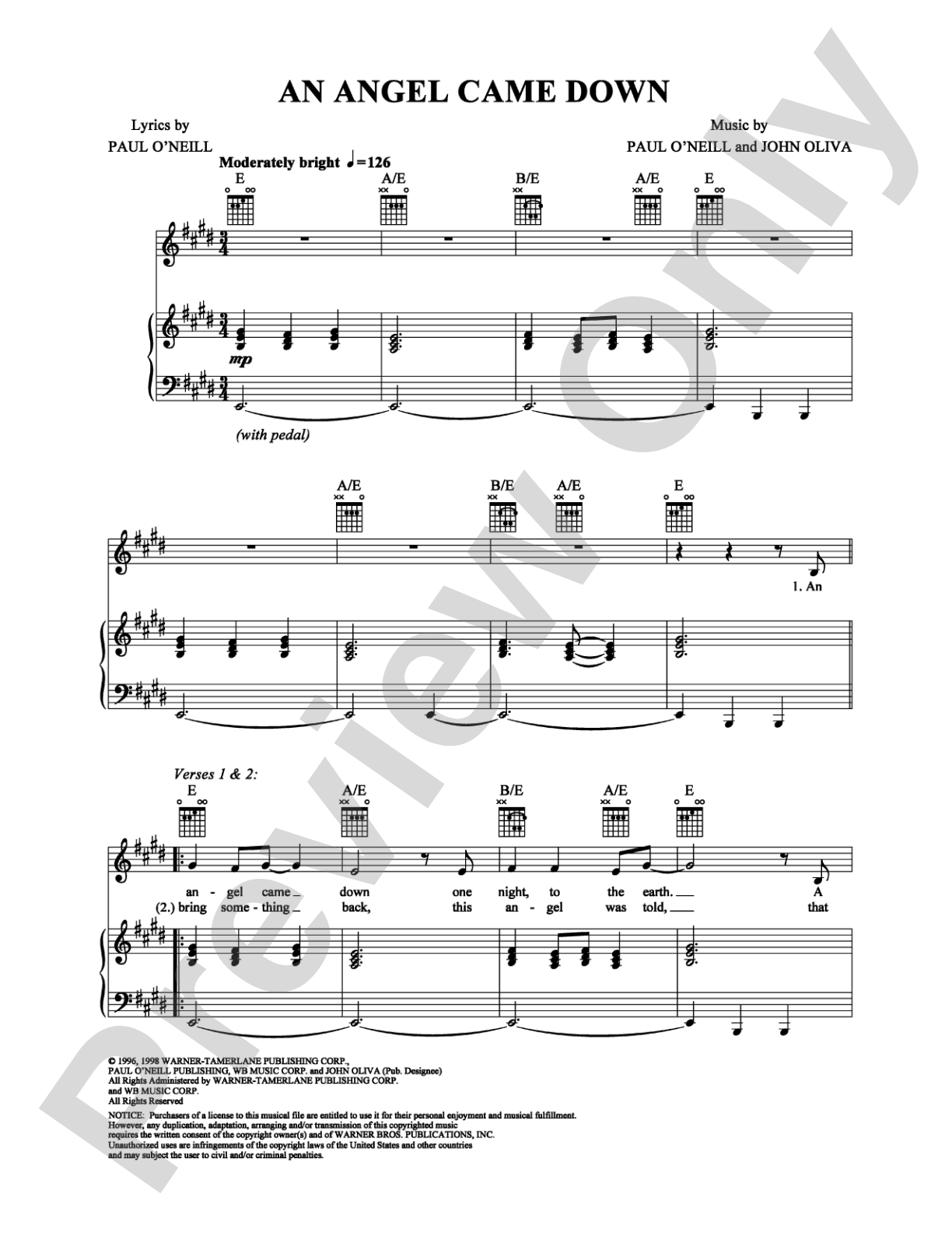 An Angel Came Down: Piano/Vocal/Chords Digital Sheet Music