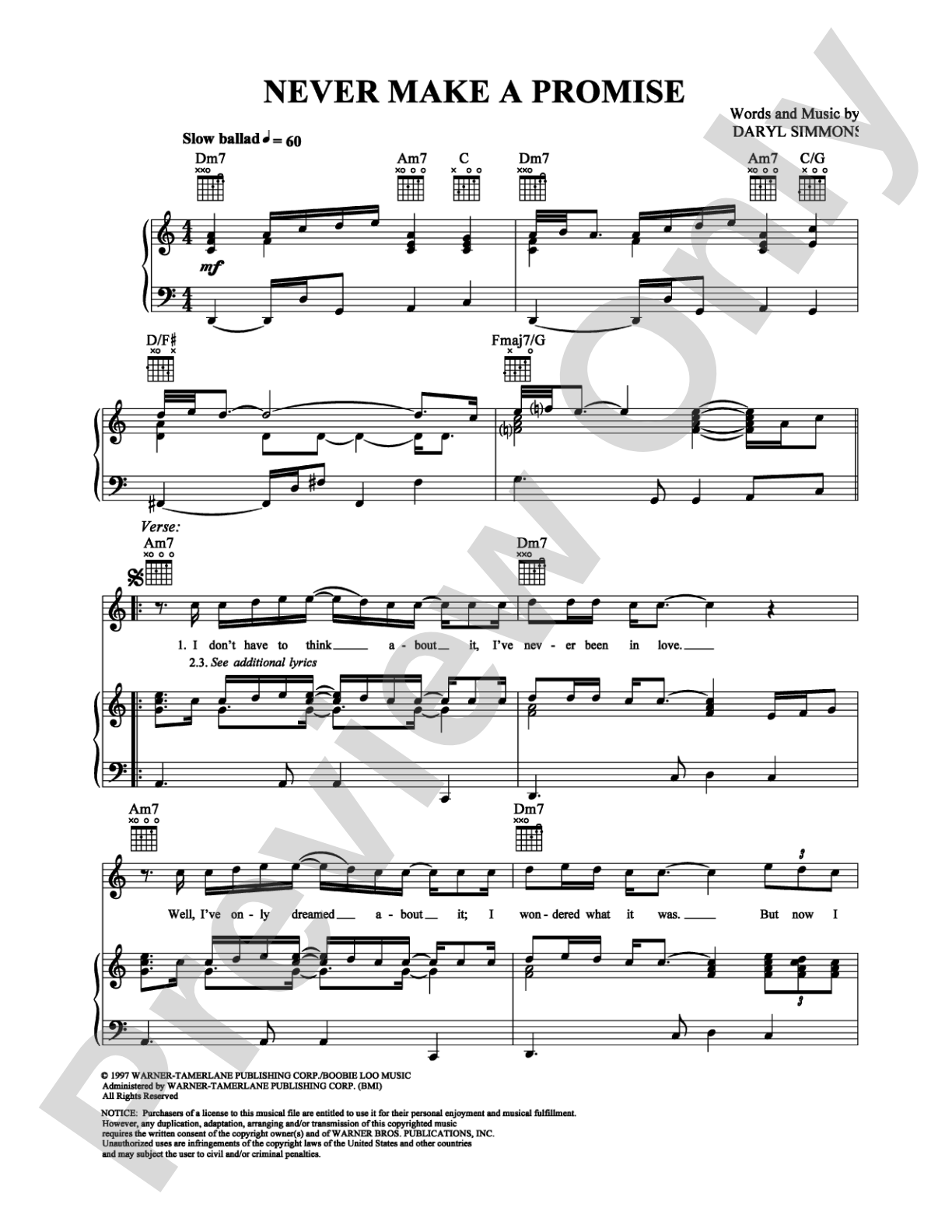 Never Make a Promise: Piano/Vocal/Chords Digital Sheet Music