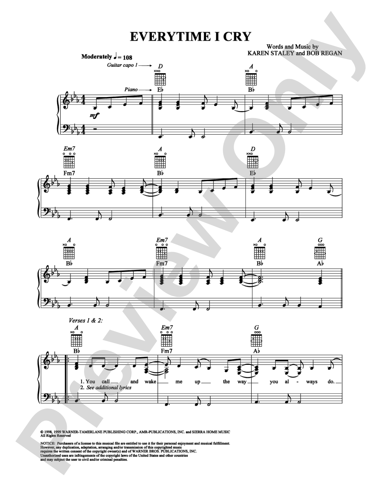 Everytime I Cry: Piano/Vocal/Chords Digital Sheet Music