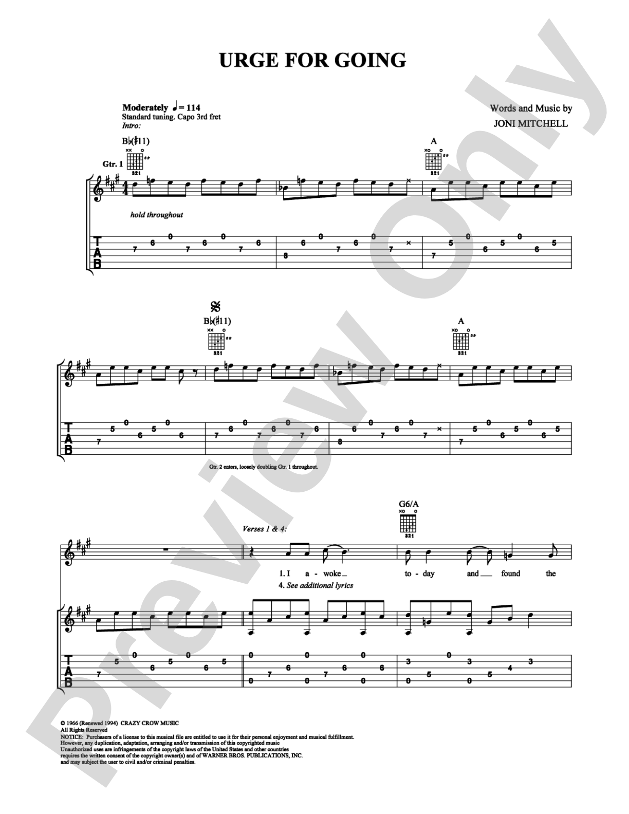 Urge for Going: Guitar TAB Digital Sheet Music