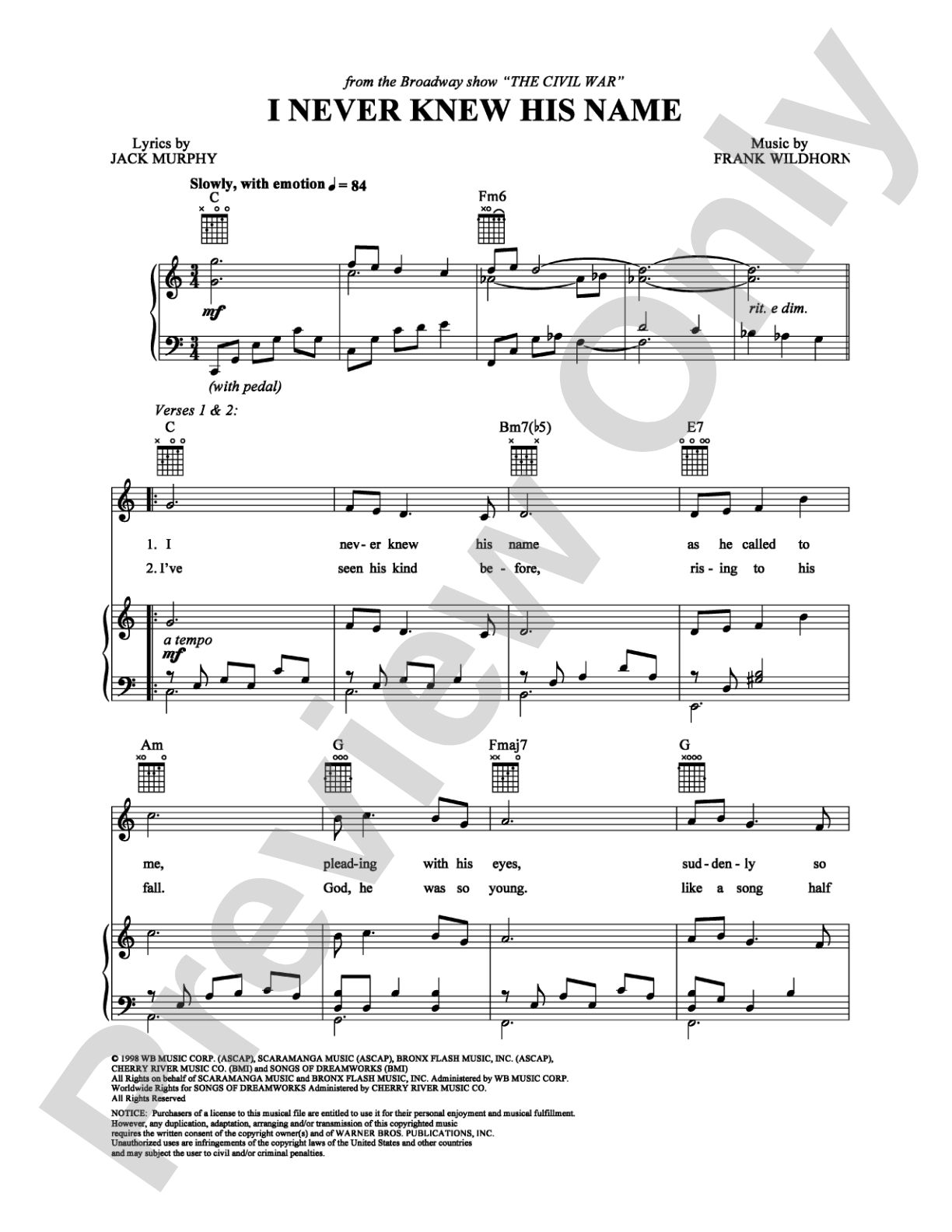 I Never Knew His Name: Piano/Vocal/Chords Digital Sheet Music