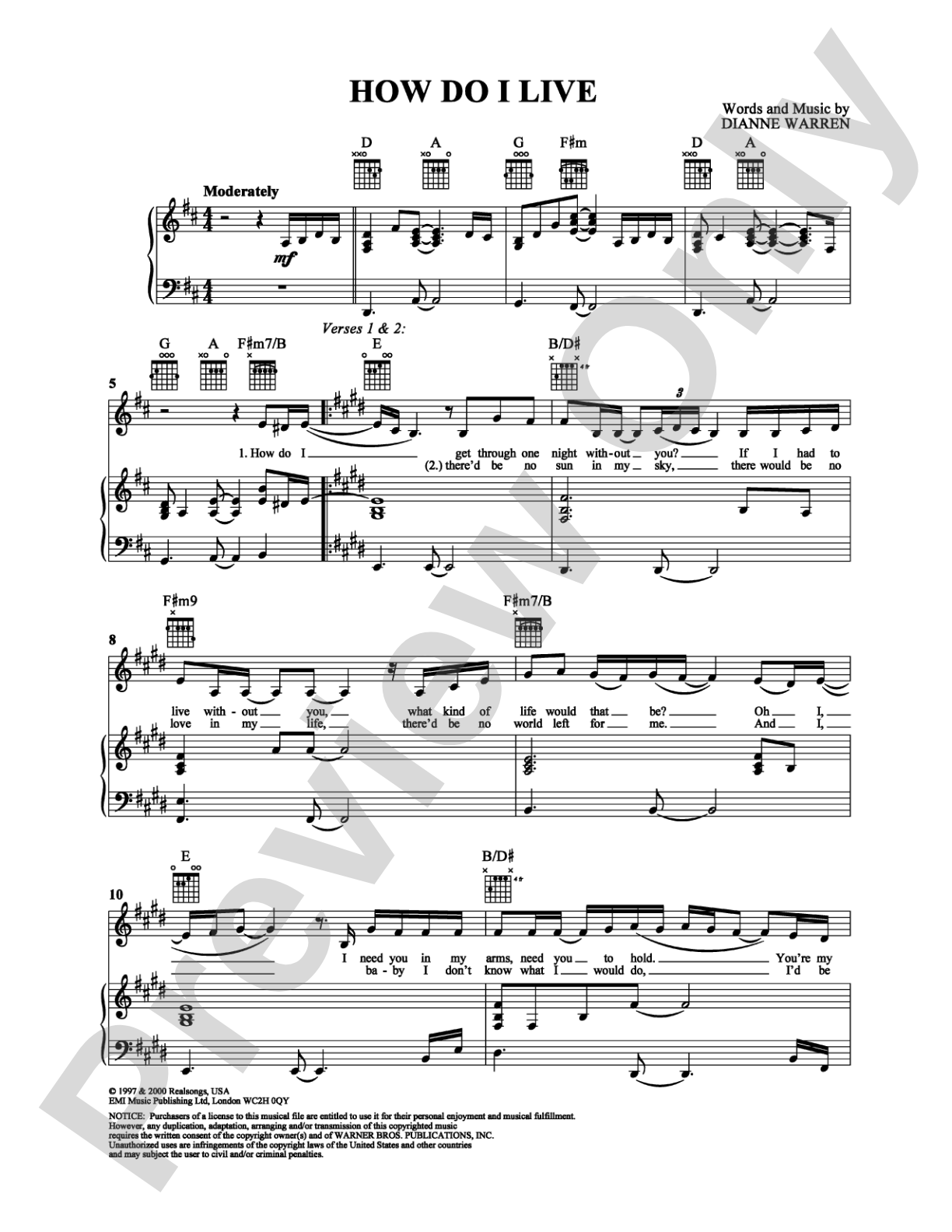 How Do I Live: Piano/Vocal/Chords Digital Sheet Music