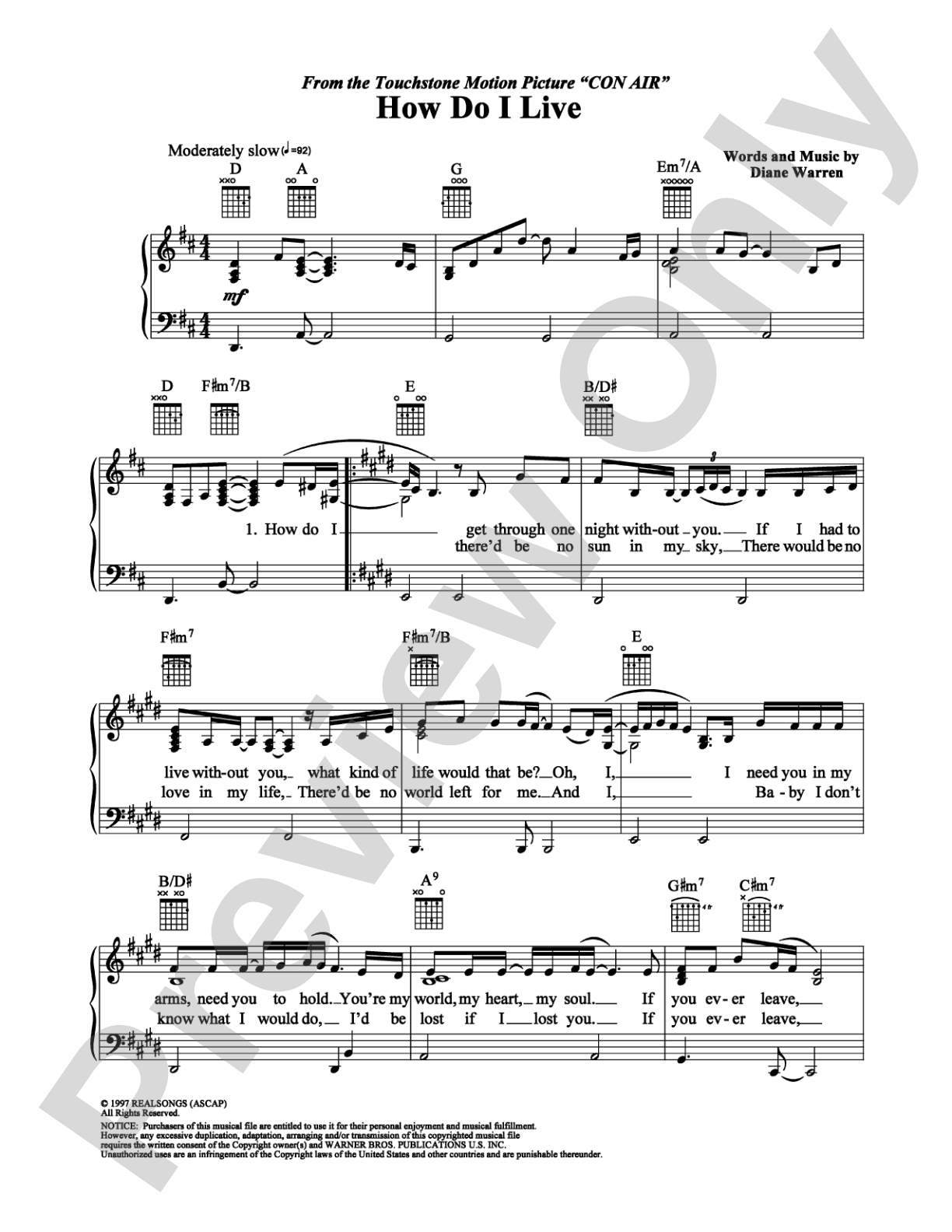 How Do I Live: Piano/Vocal/Chords Digital Sheet Music