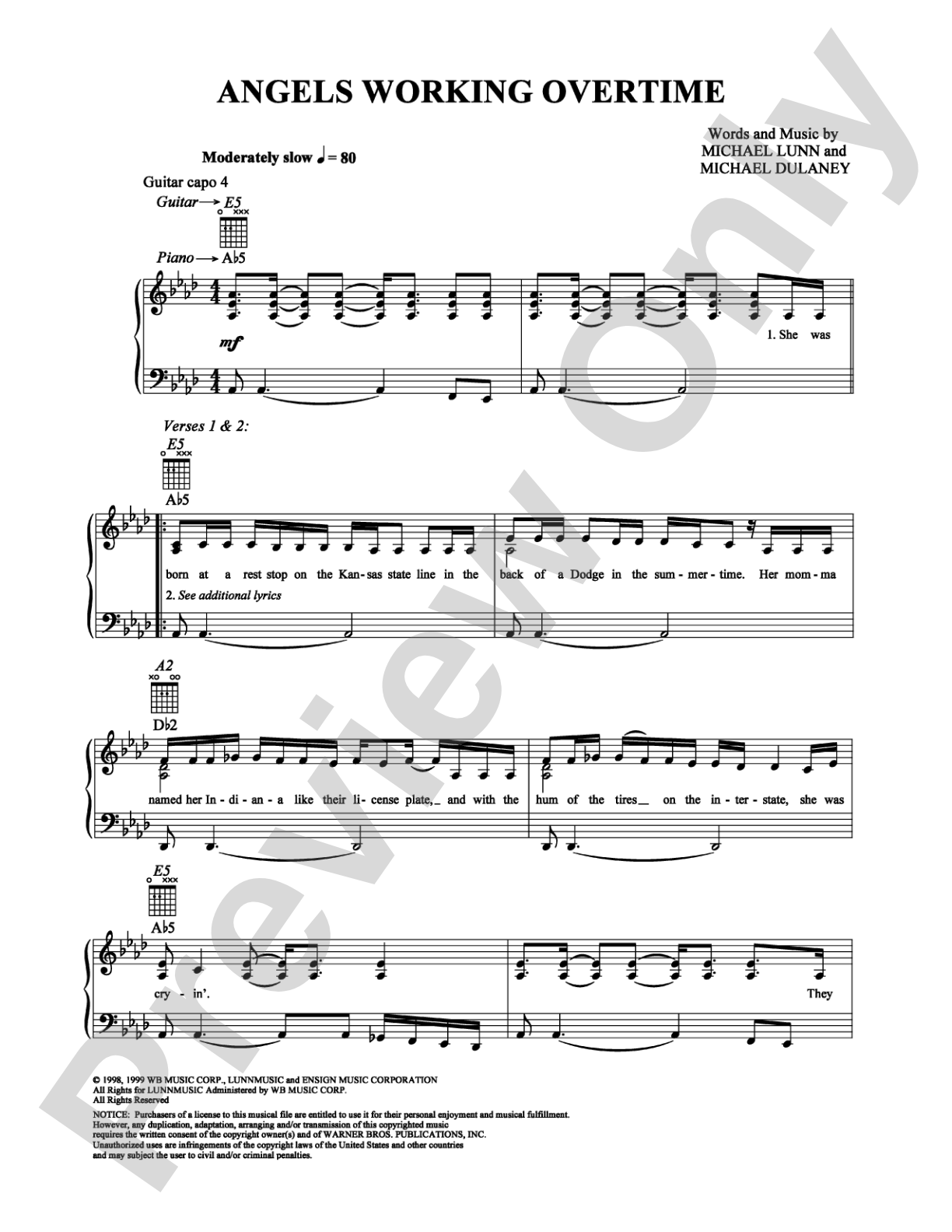 Angels Working Overtime: Piano/Vocal/Chords Digital Sheet Music