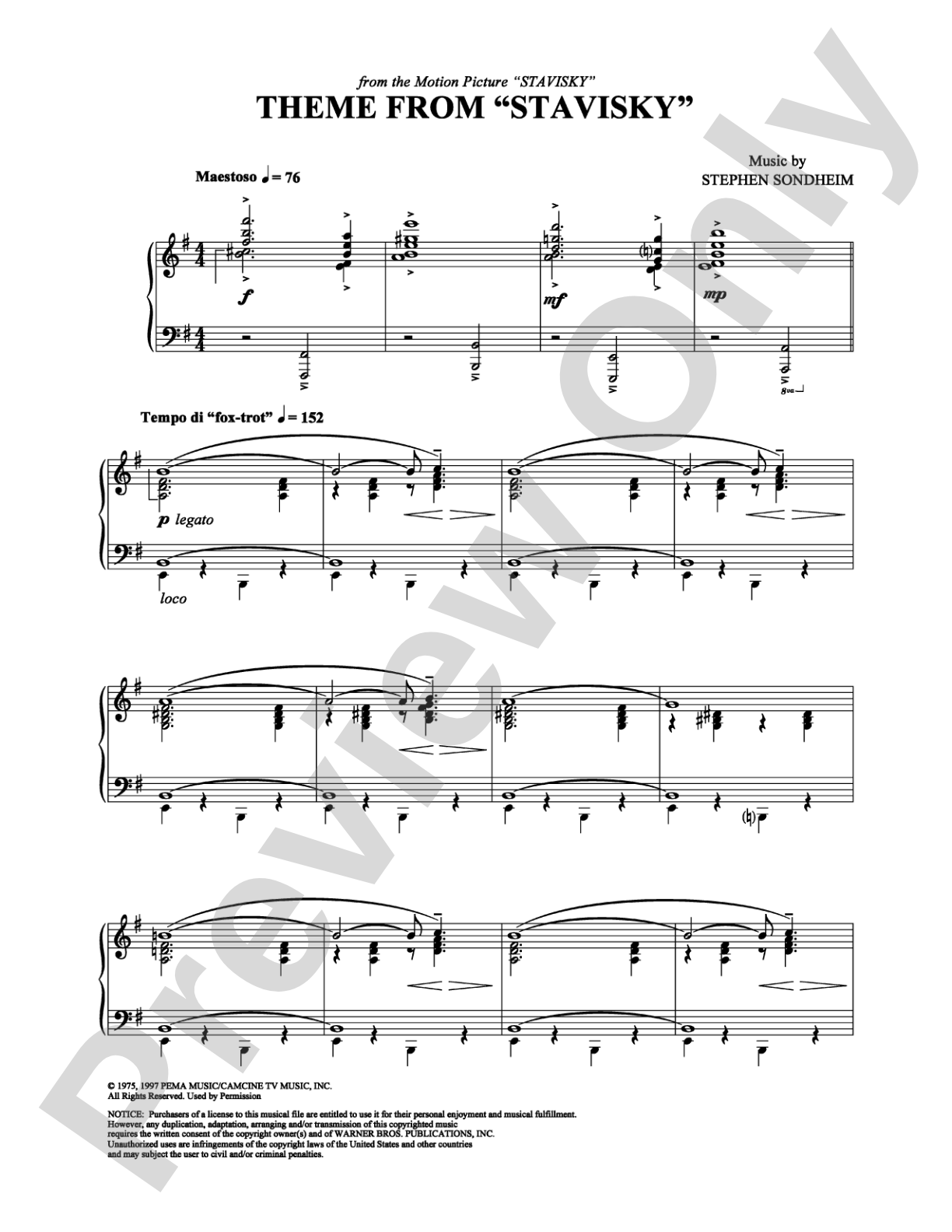 Theme from Stavisky"": Piano Digital Sheet Music