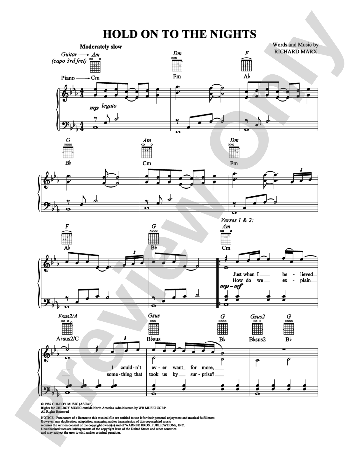 Hold On To The Nights: Piano/Vocal/Chords Digital Sheet Music