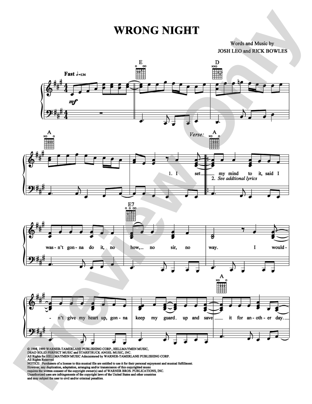 Wrong Night: Piano/Vocal/Chords Digital Sheet Music