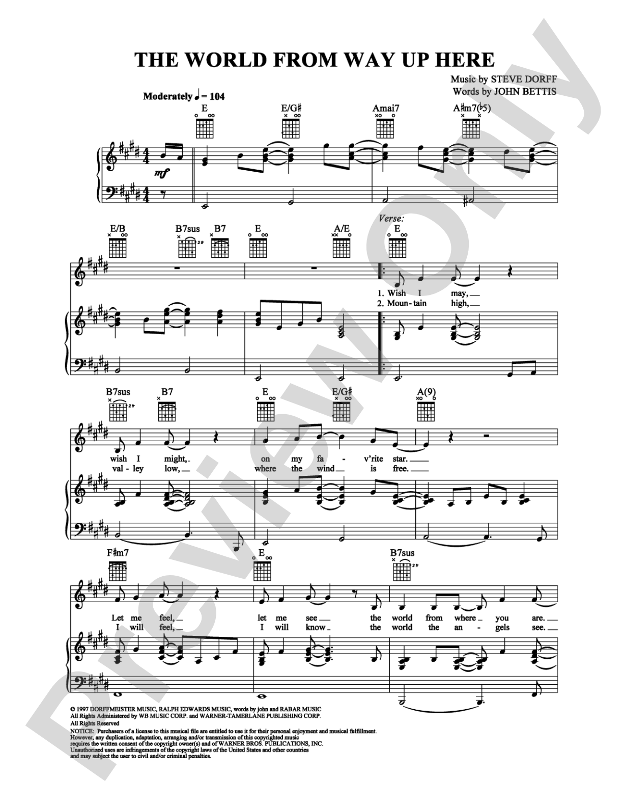 The World from Way Up Here: Piano/Vocal/Chords Digital Sheet Music