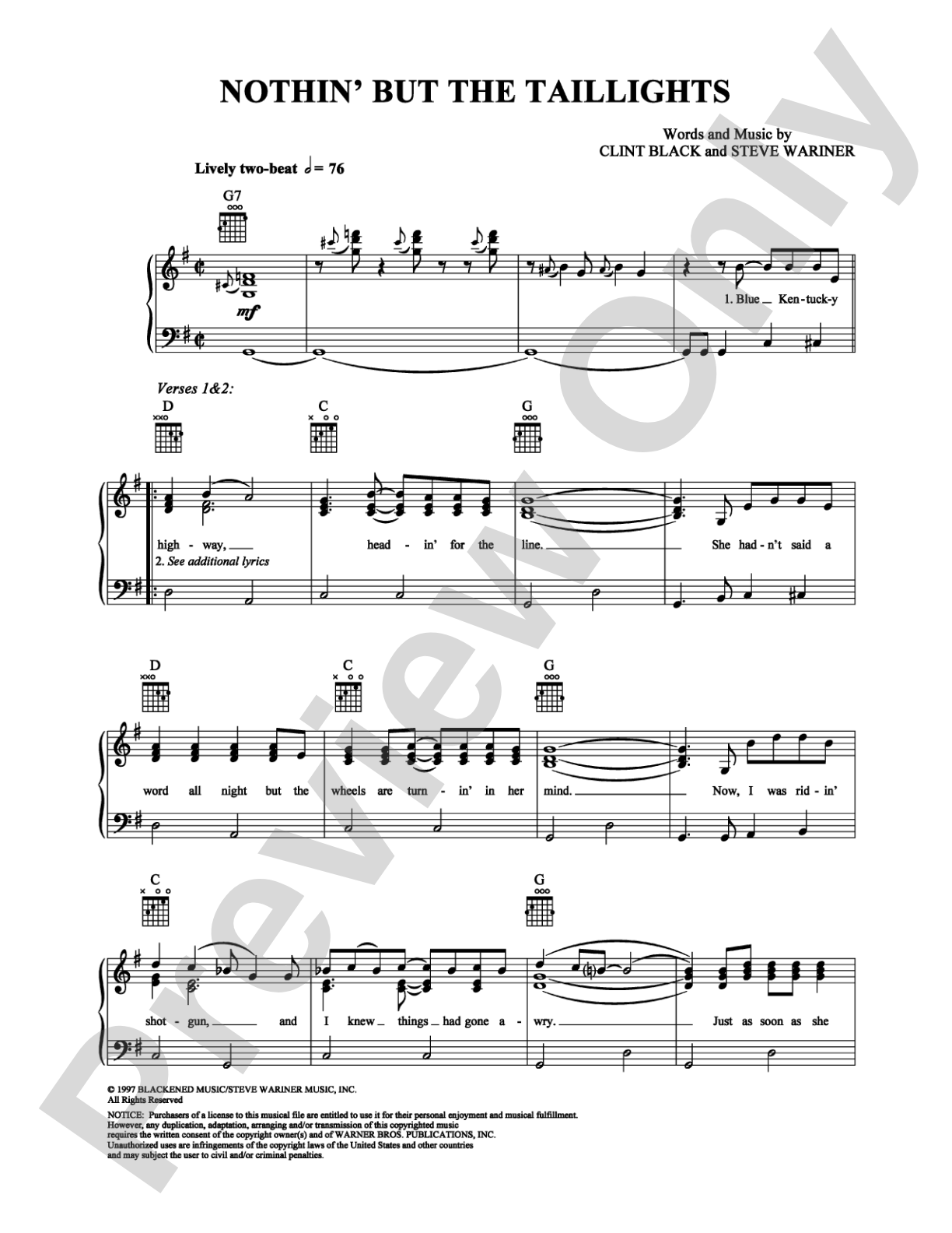 Nothin' But the Taillights: Piano/Vocal/Chords Digital Sheet Music