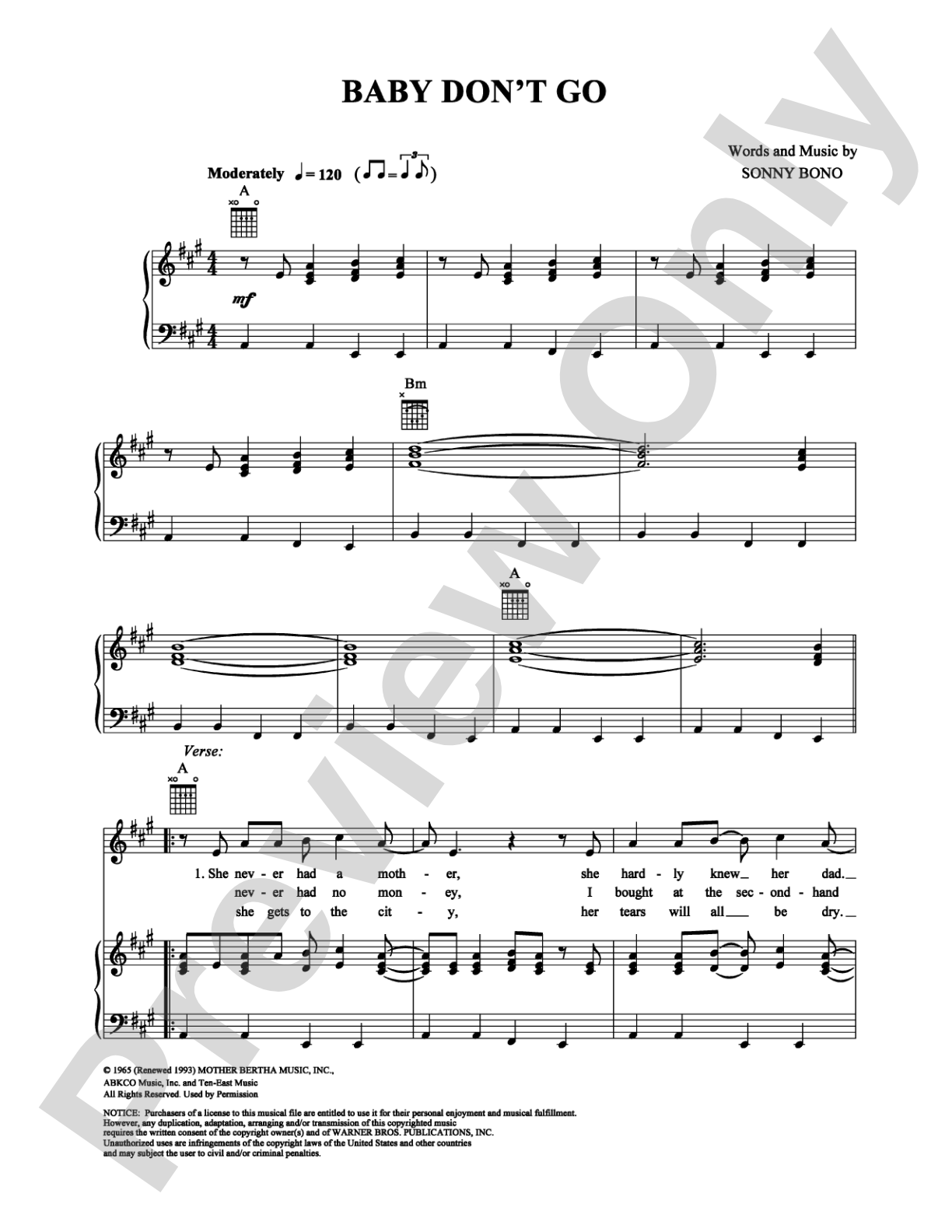Baby Don't Go: Piano/Vocal/Chords Digital Sheet Music
