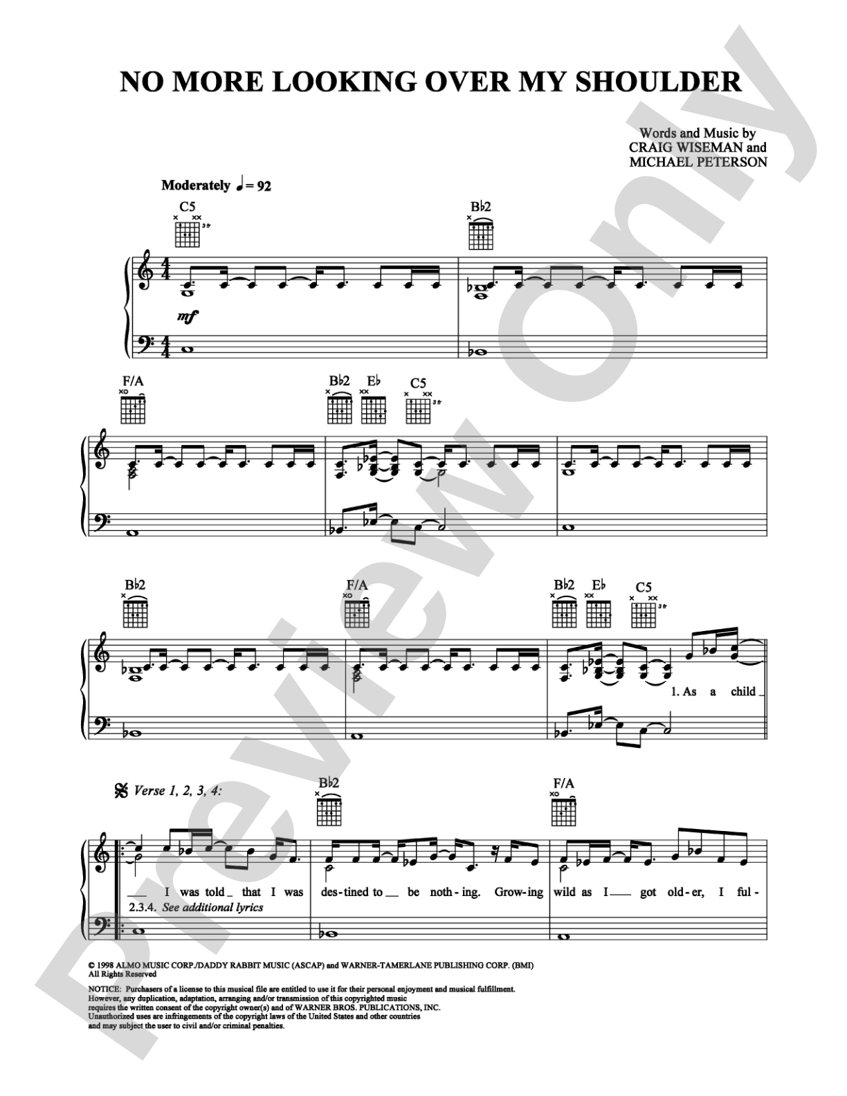 No More Looking Over My Shoulder: Piano/Vocal/Chords Digital Sheet Music