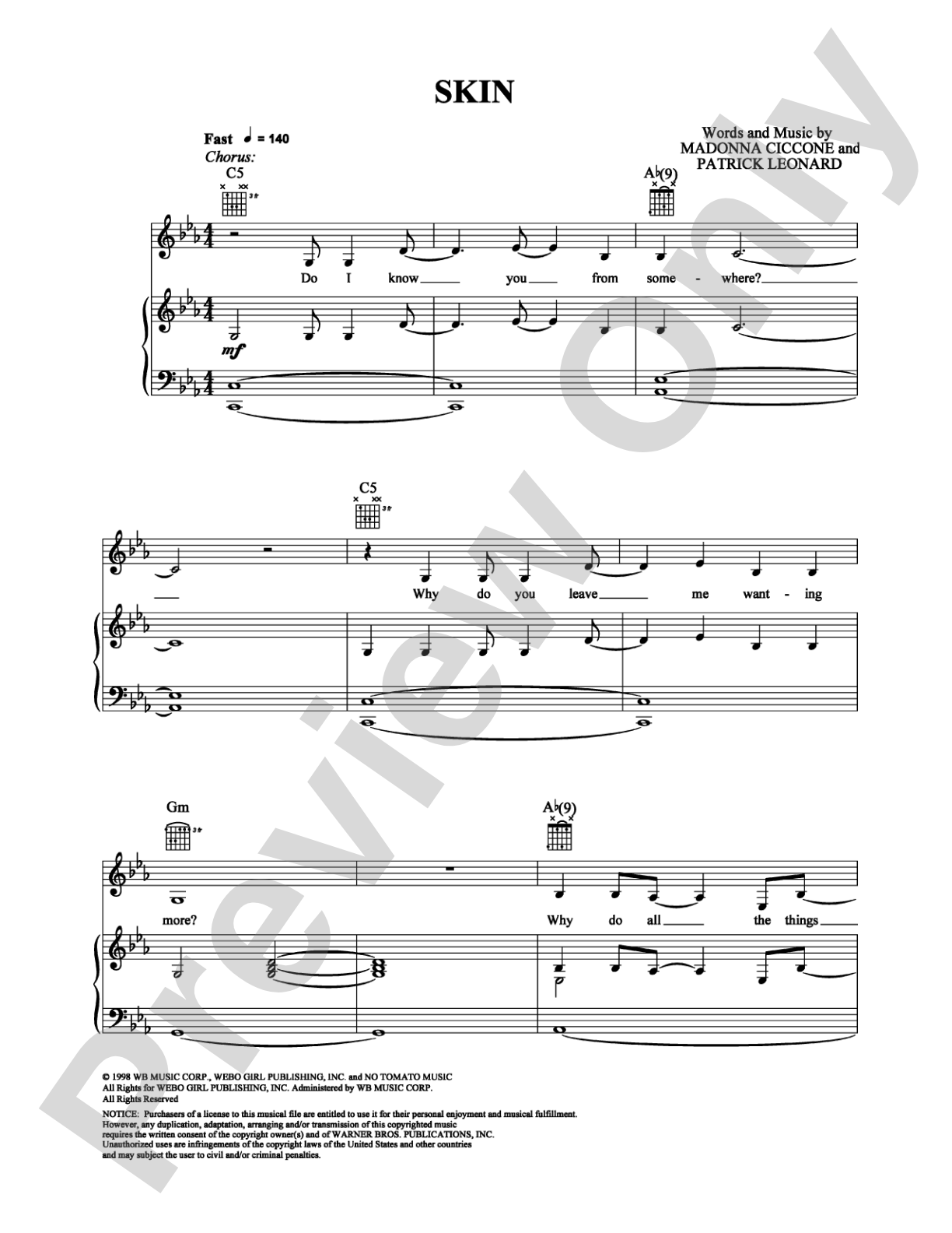 Skin: Piano/Vocal/Chords Digital Sheet Music
