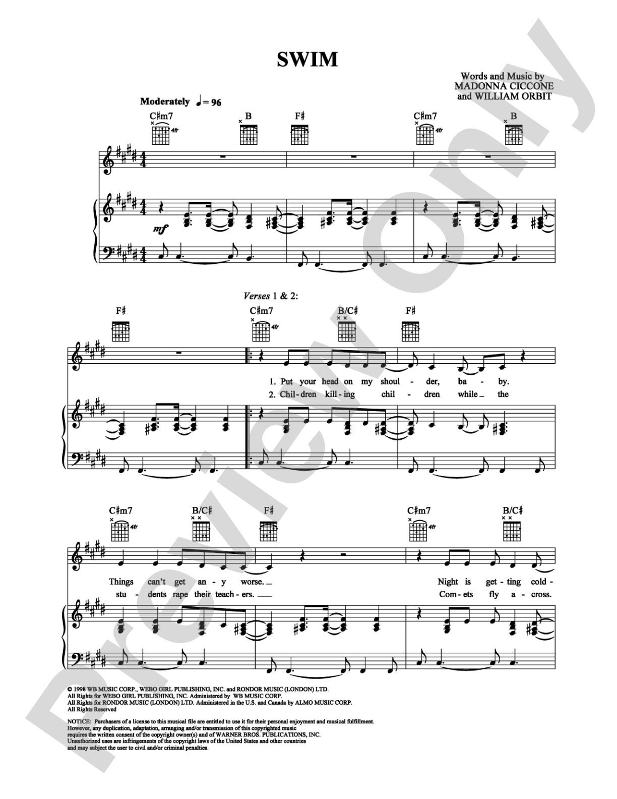 Swim: Piano/Vocal/Chords Digital Sheet Music
