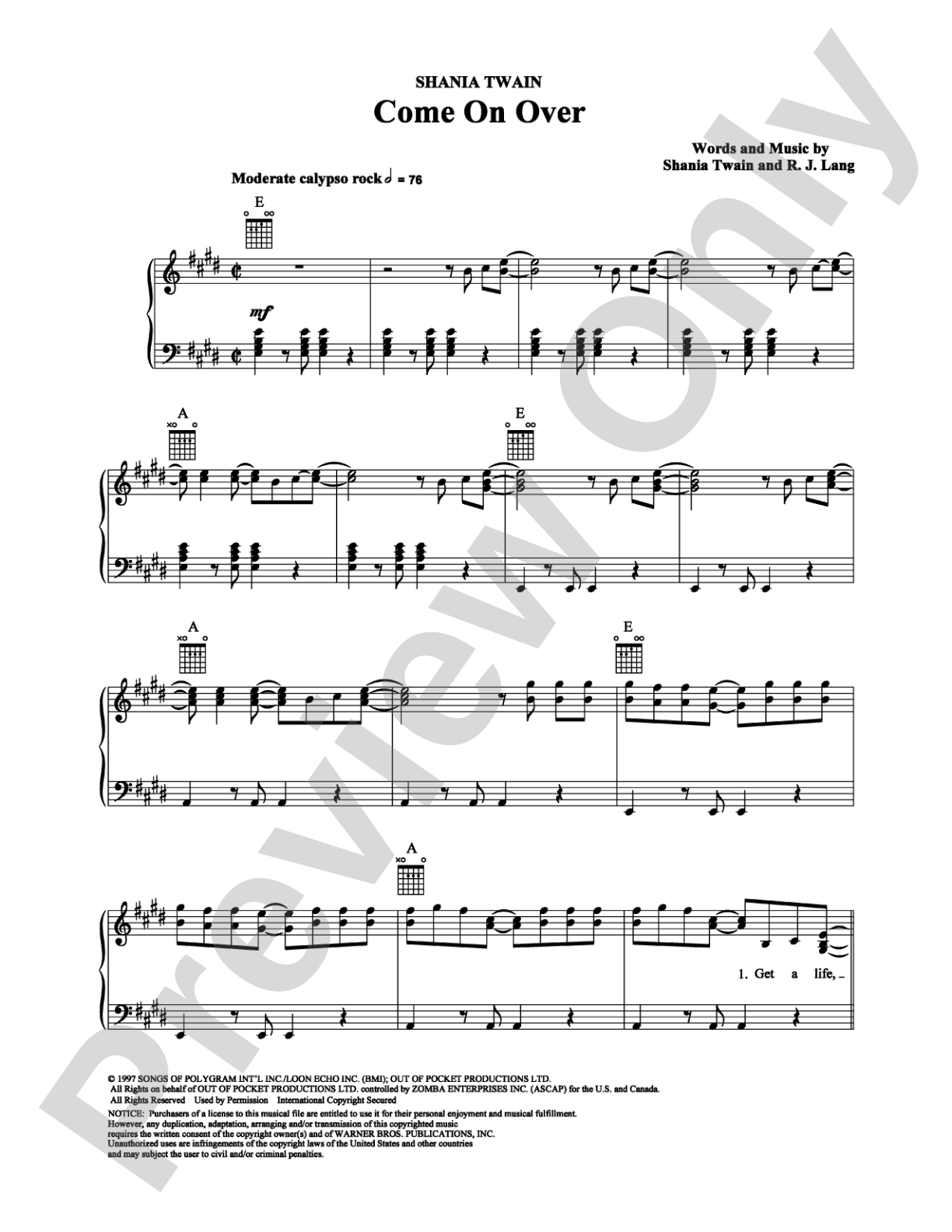 Come On Over: Piano/Vocal/Chords Digital Sheet Music