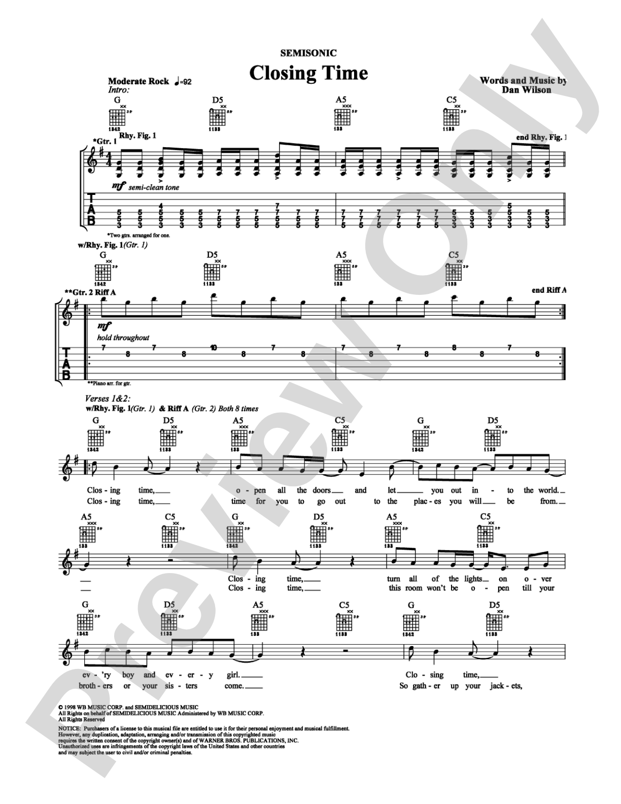 Closing Time: Guitar TAB Digital Sheet Music