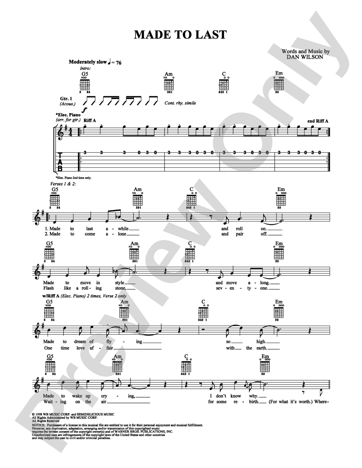 Made to Last: Guitar TAB Digital Sheet Music