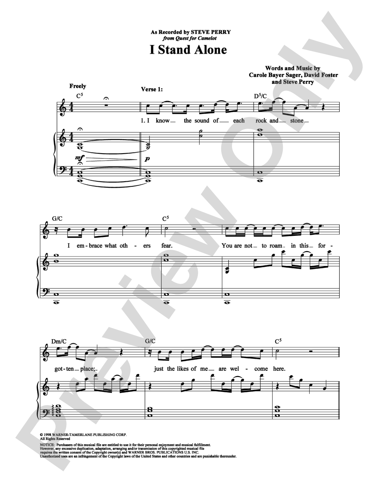 I Stand Alone: Piano/Vocal/Chords Digital Sheet Music