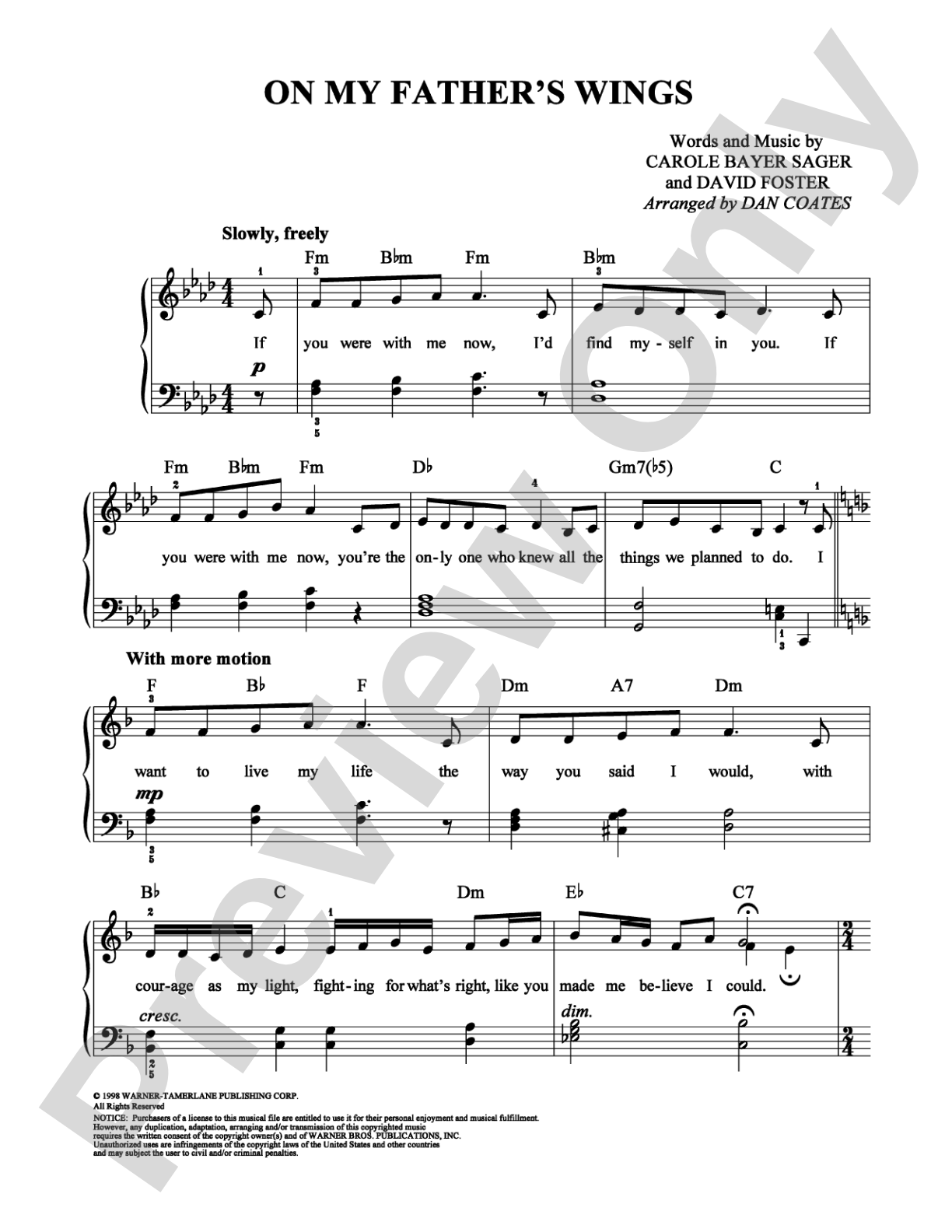 On My Father's Wings: Easy Piano Digital Sheet Music
