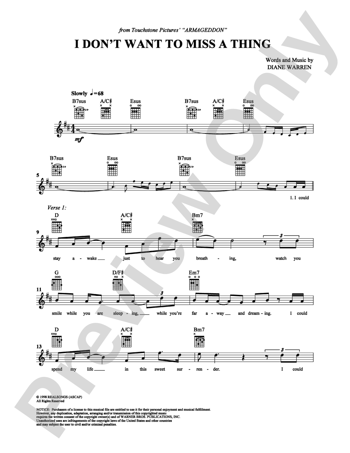 I Don't Want To Miss a Thing: Easy Guitar Digital Sheet Music
