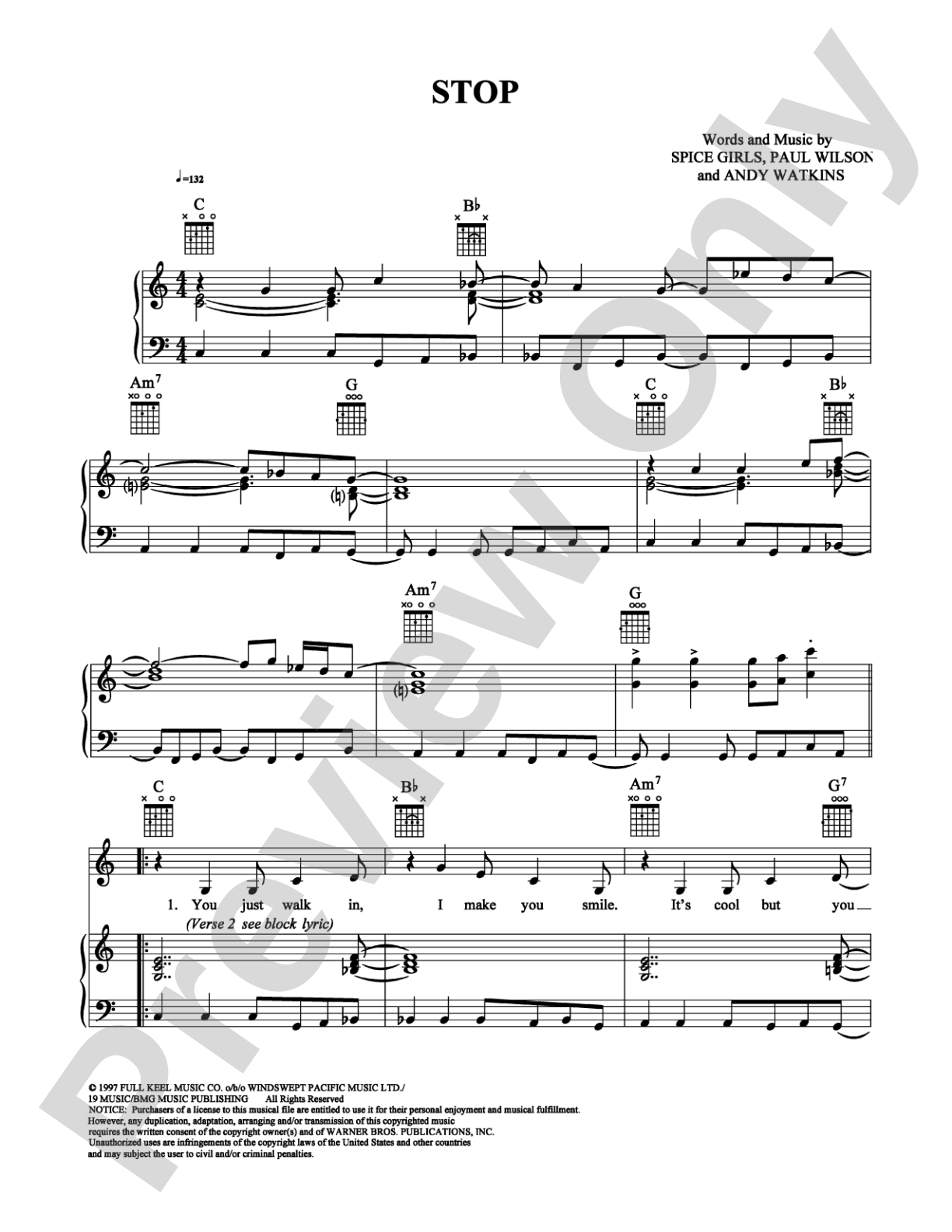 Stop: Piano/Vocal/Chords Digital Sheet Music