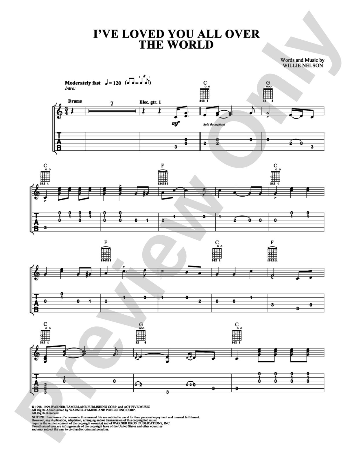 I've Loved You All Over the World: Guitar TAB Digital Sheet Music