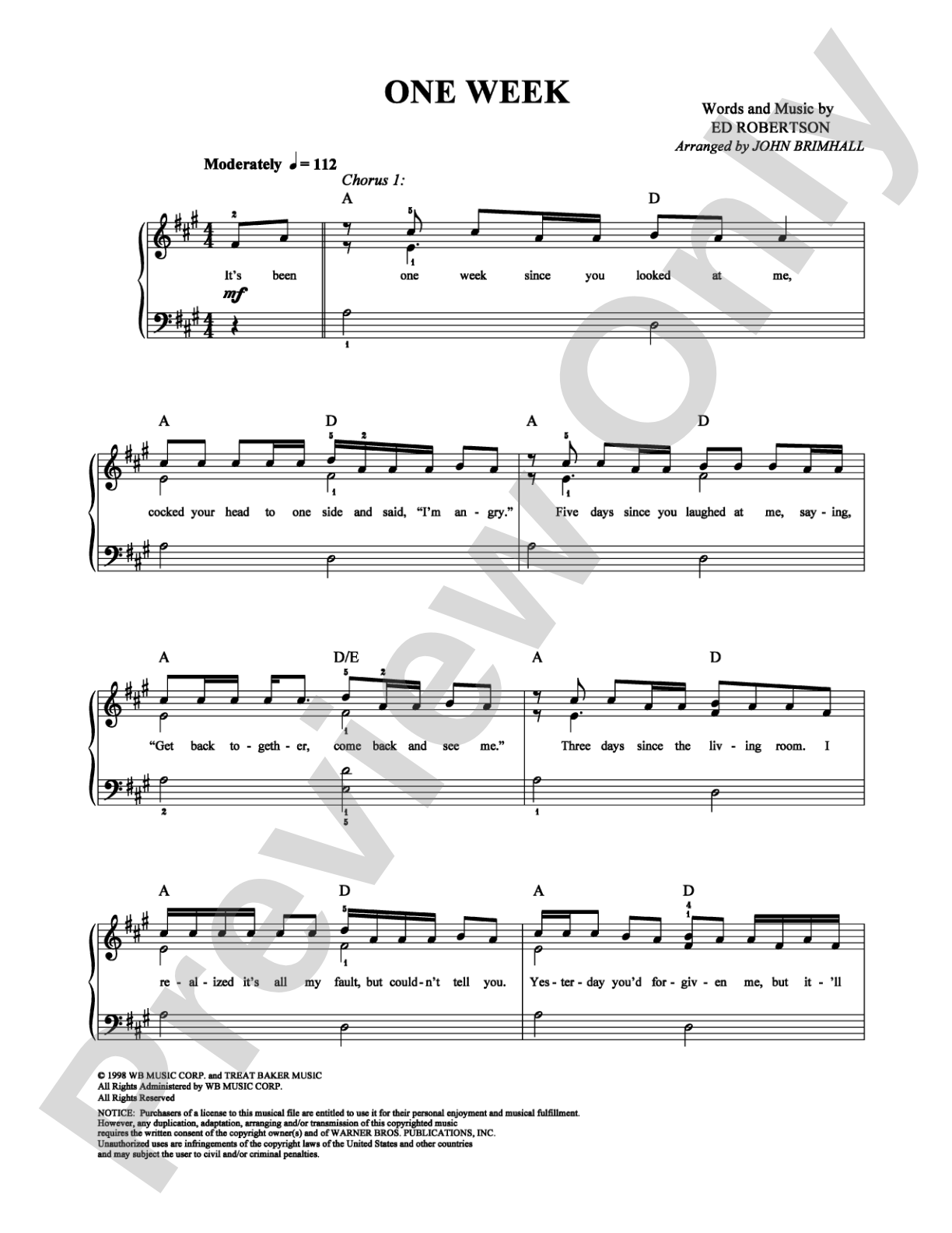 One Week: Easy Piano Digital Sheet Music