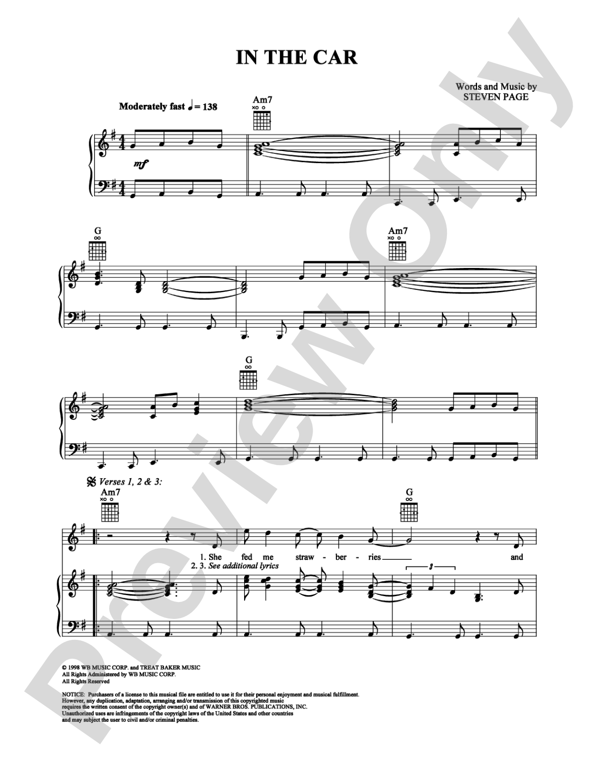 In The Car: Piano/Vocal/Chords Digital Sheet Music