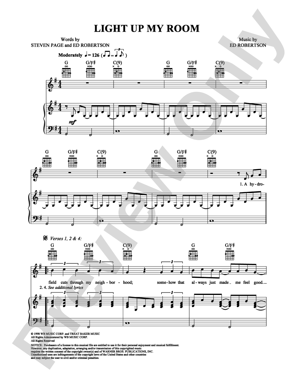 Light Up My Room: Piano/Vocal/Chords Digital Sheet Music