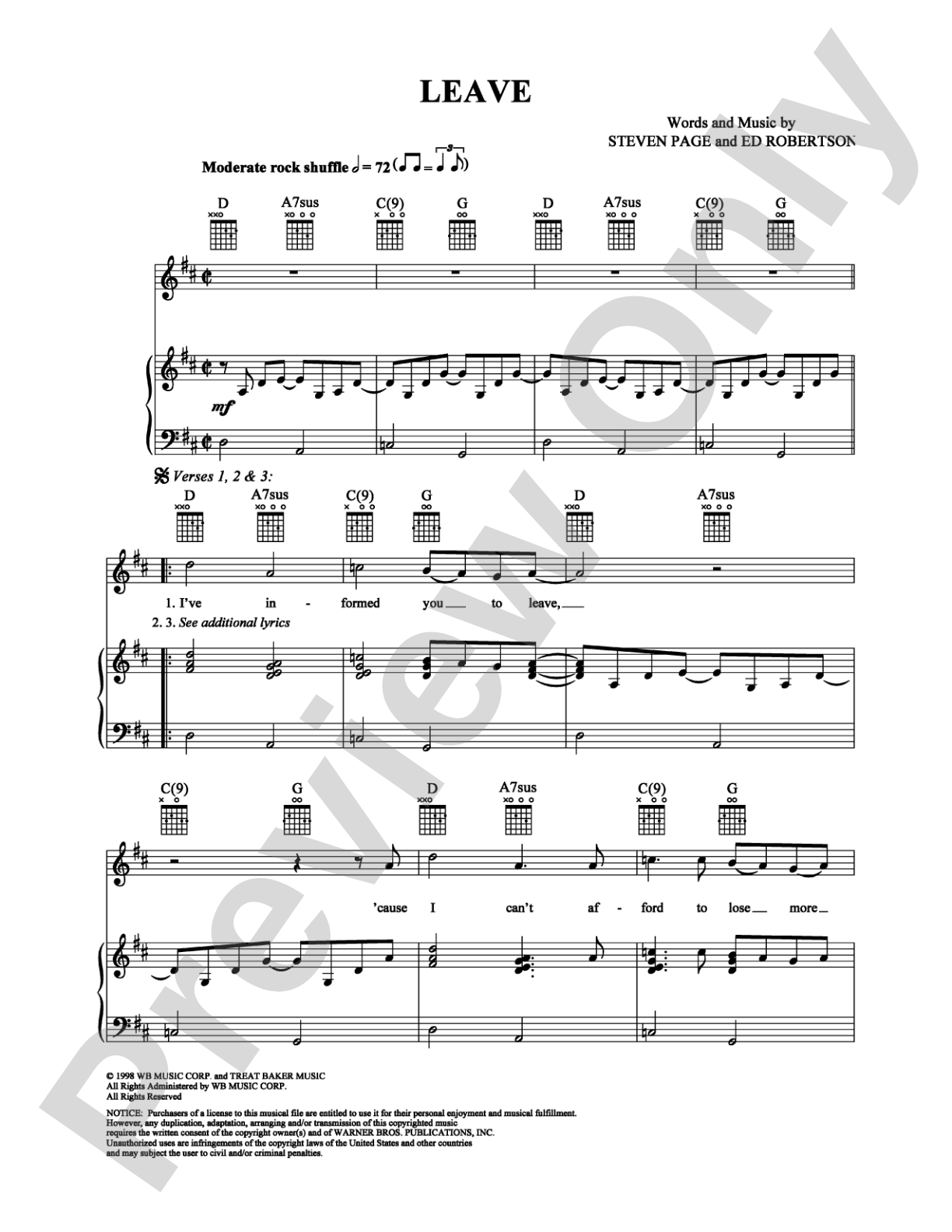 Leave: Piano/Vocal/Chords Digital Sheet Music