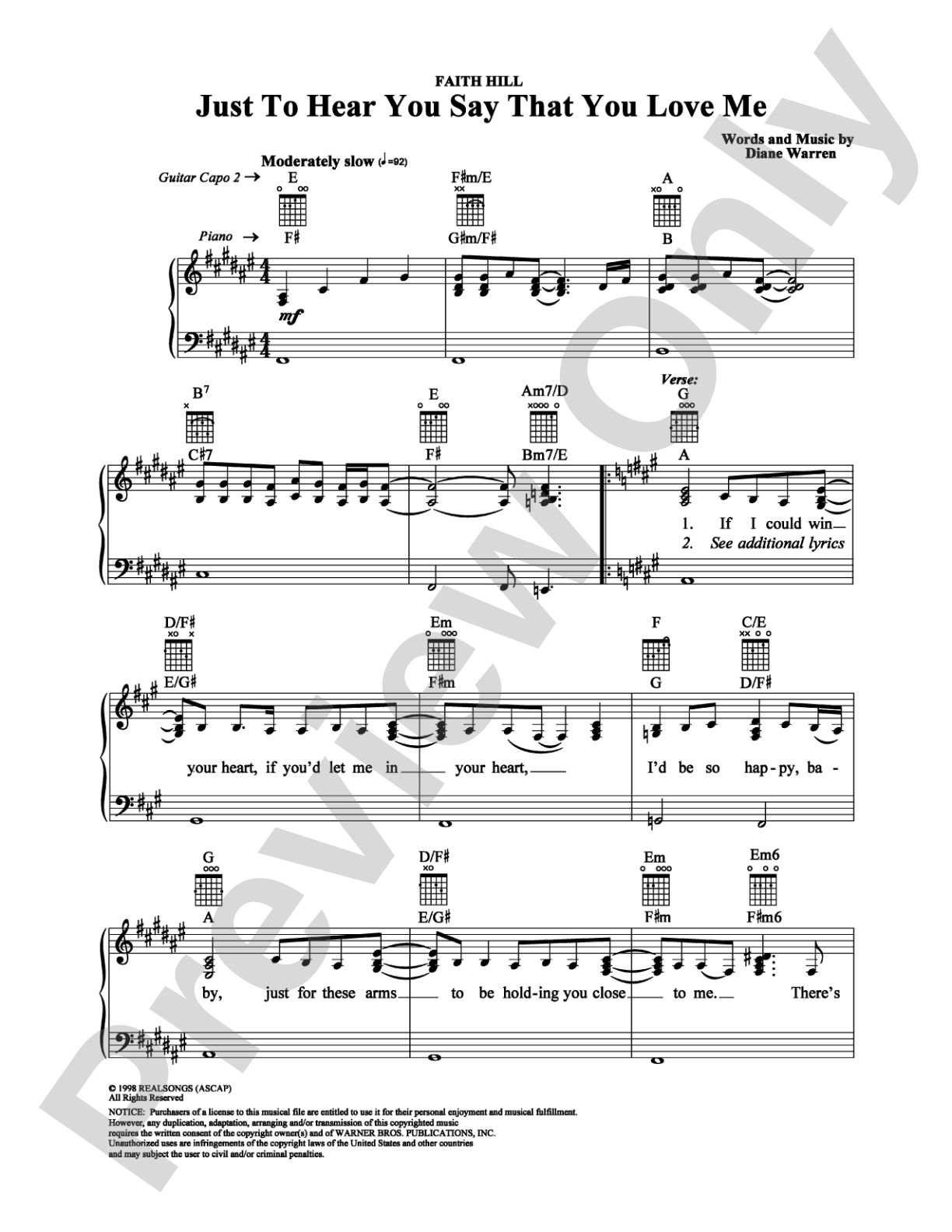 Just To Hear You Say That You Love Me: Piano/Vocal/Chords Digital Sheet Music