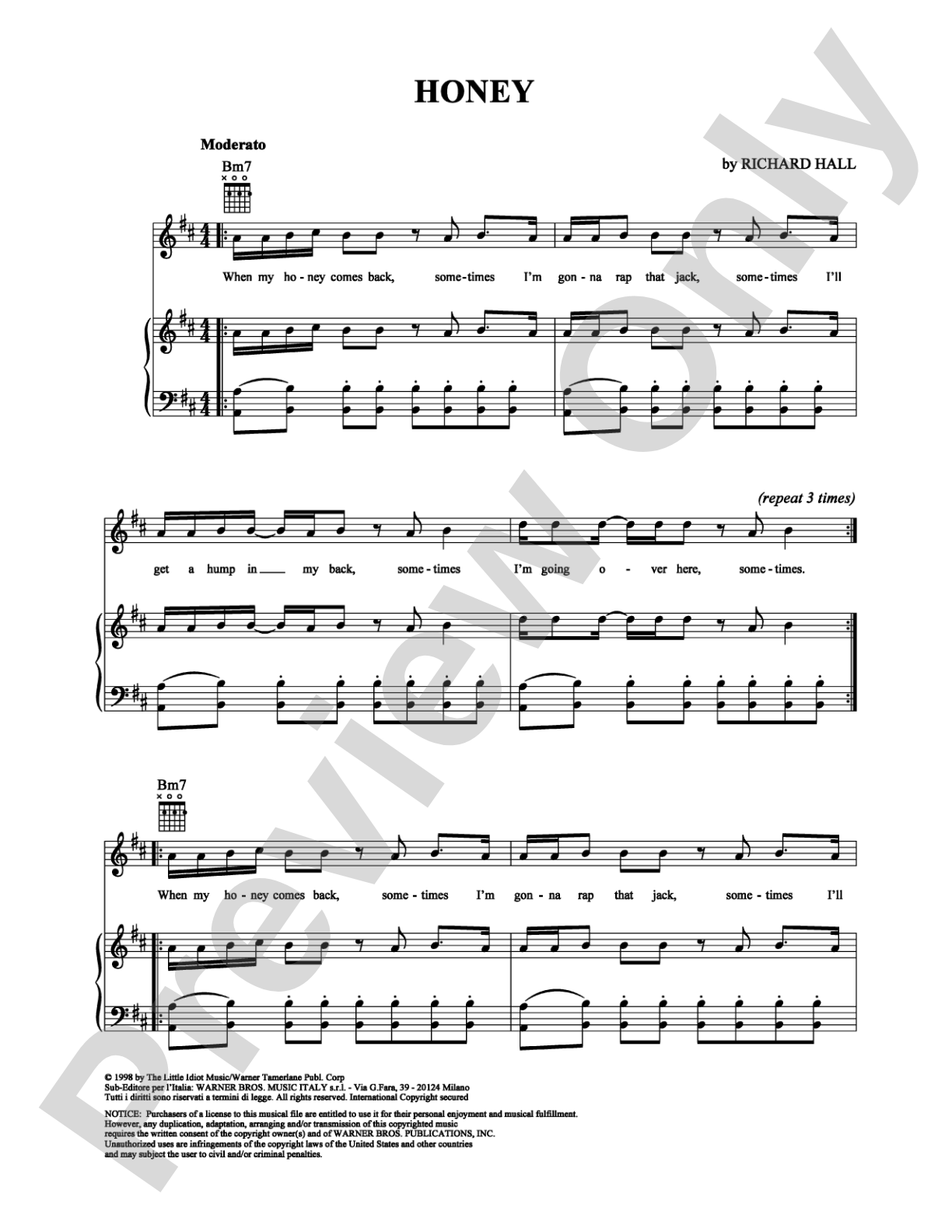 Honey: Piano/Vocal/Chords Digital Sheet Music