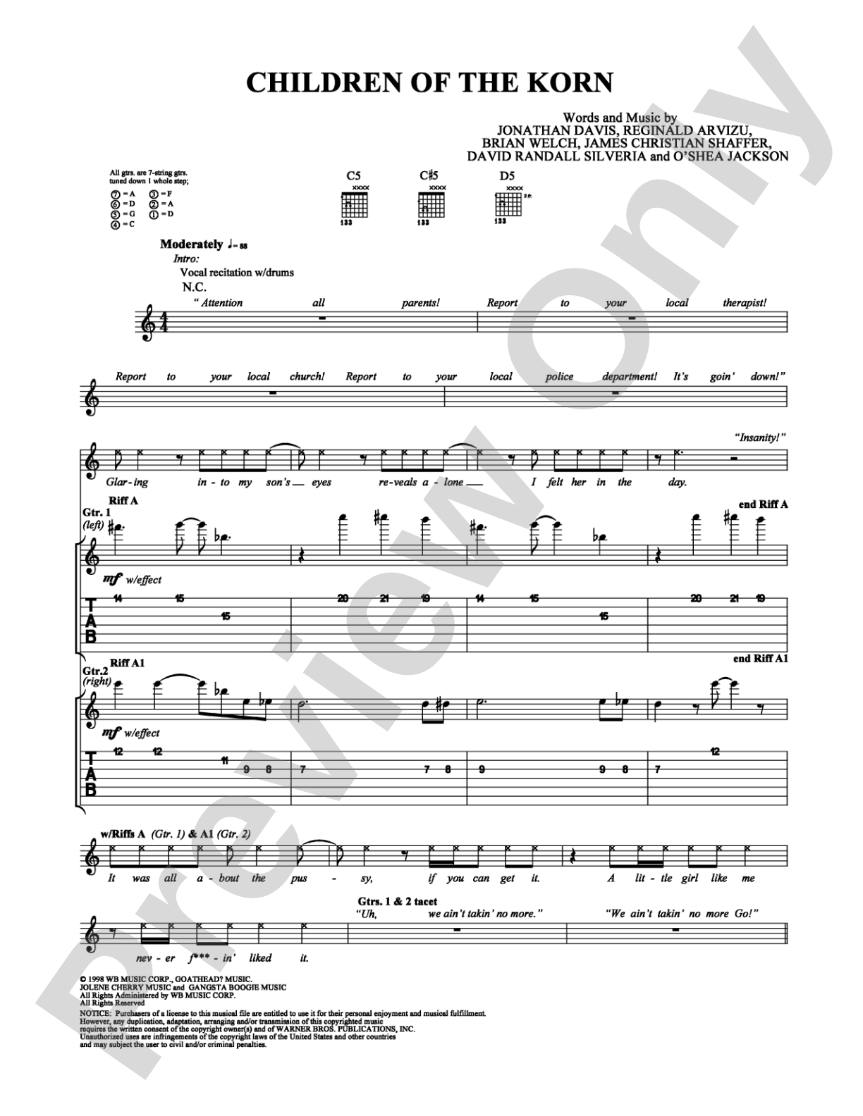 Children of the Korn: Guitar TAB Digital Sheet Music