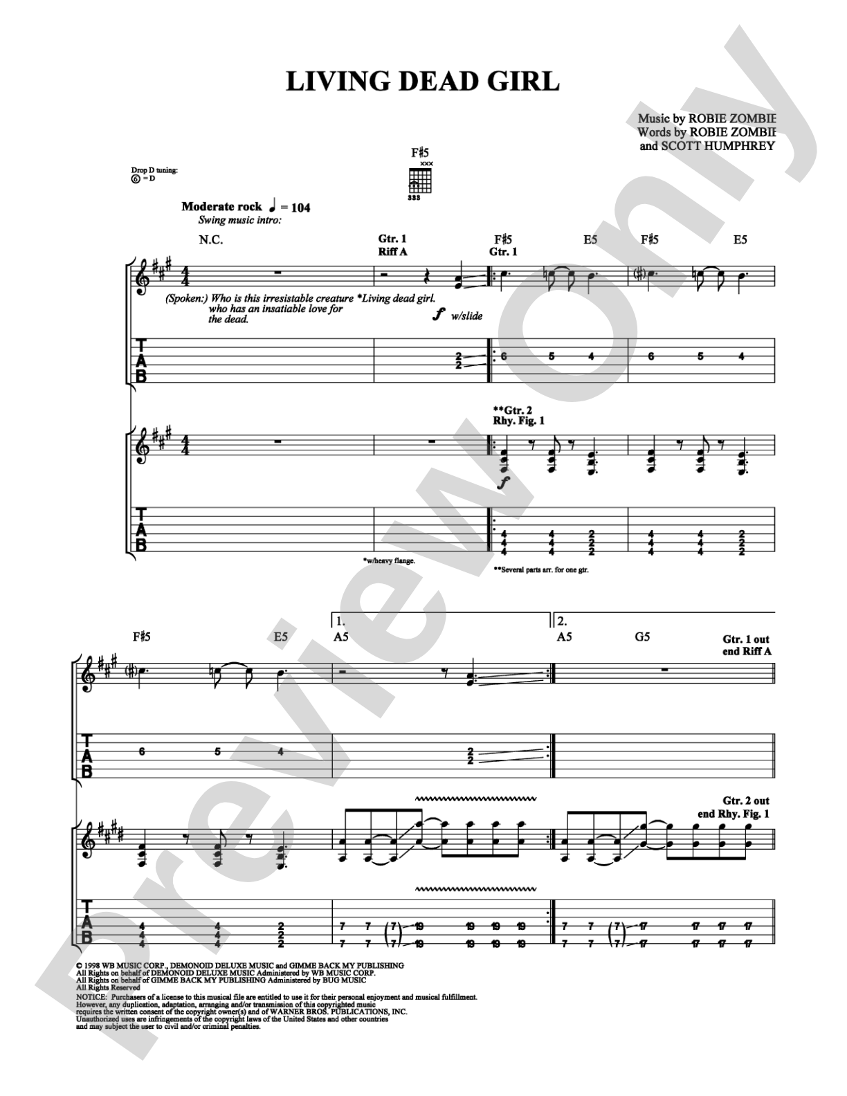 Living Dead Girl: Guitar TAB Digital Sheet Music
