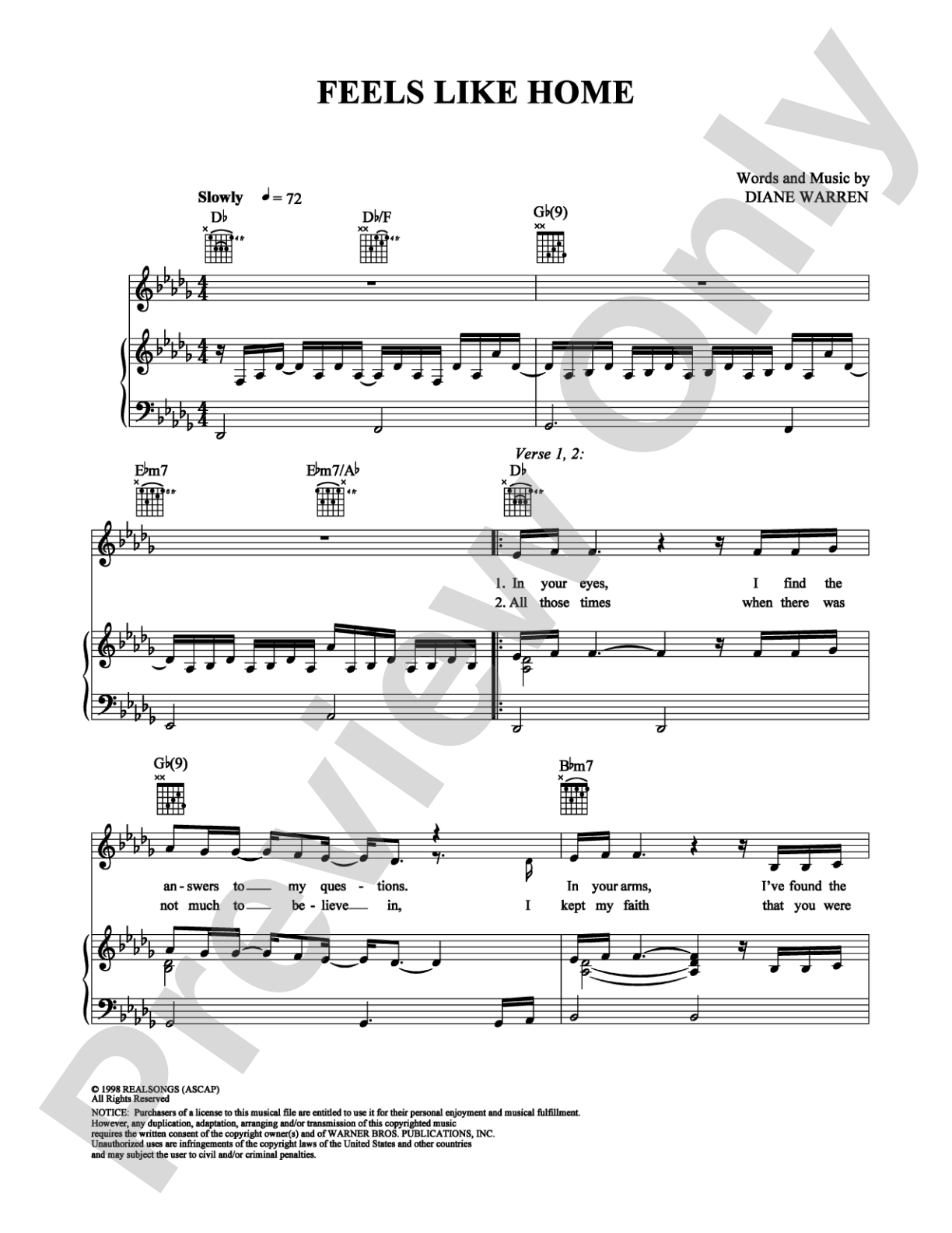 Feels Like Home: Piano/Vocal/Chords Digital Sheet Music