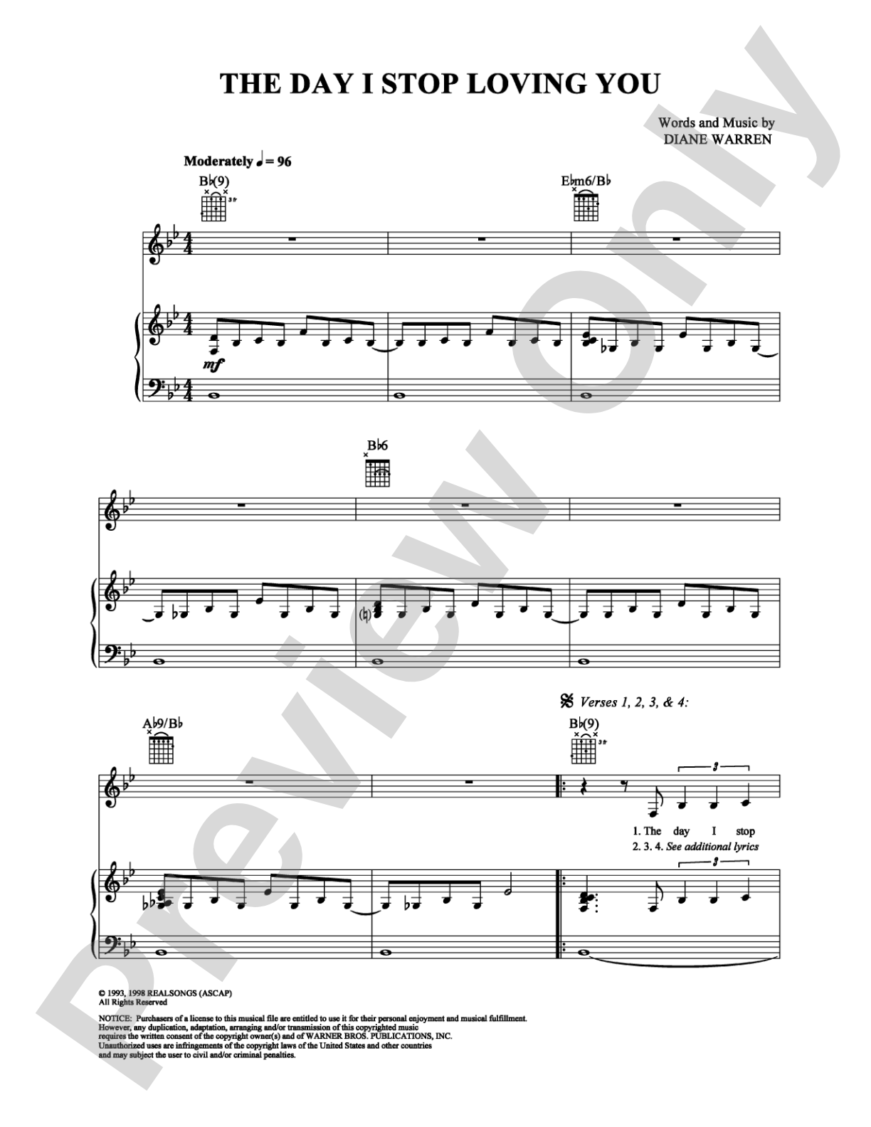 The Day I Stop Loving You: Piano/Vocal/Chords Digital Sheet Music