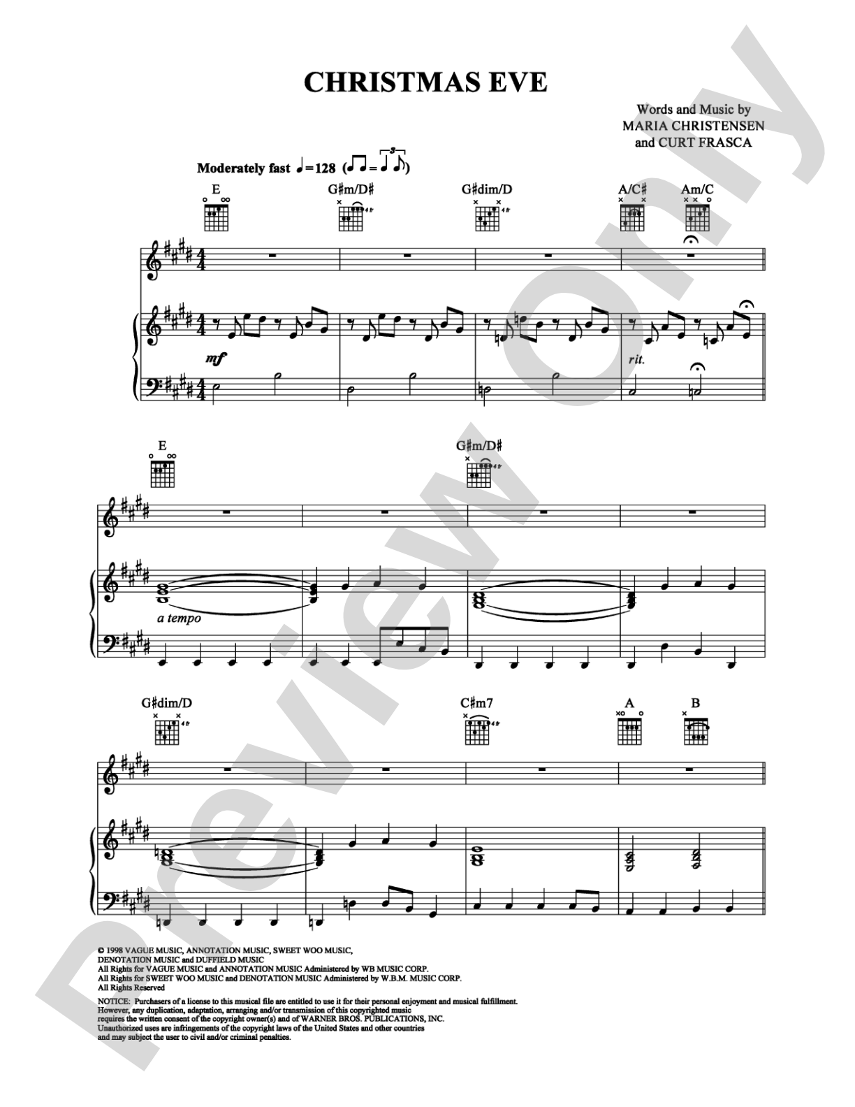 Christmas Eve: Piano/Vocal/Chords Digital Sheet Music