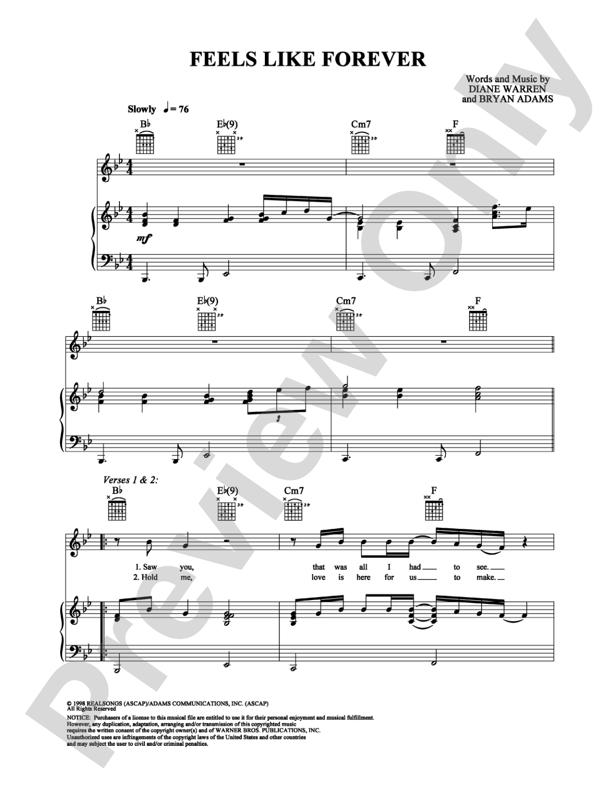 Feels Like Forever: Piano/Vocal/Chords Digital Sheet Music