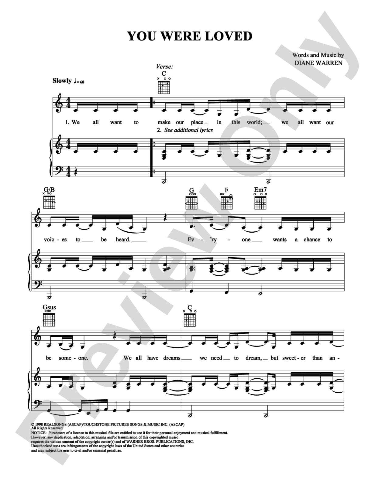 You Were Loved: Piano/Vocal/Chords Digital Sheet Music