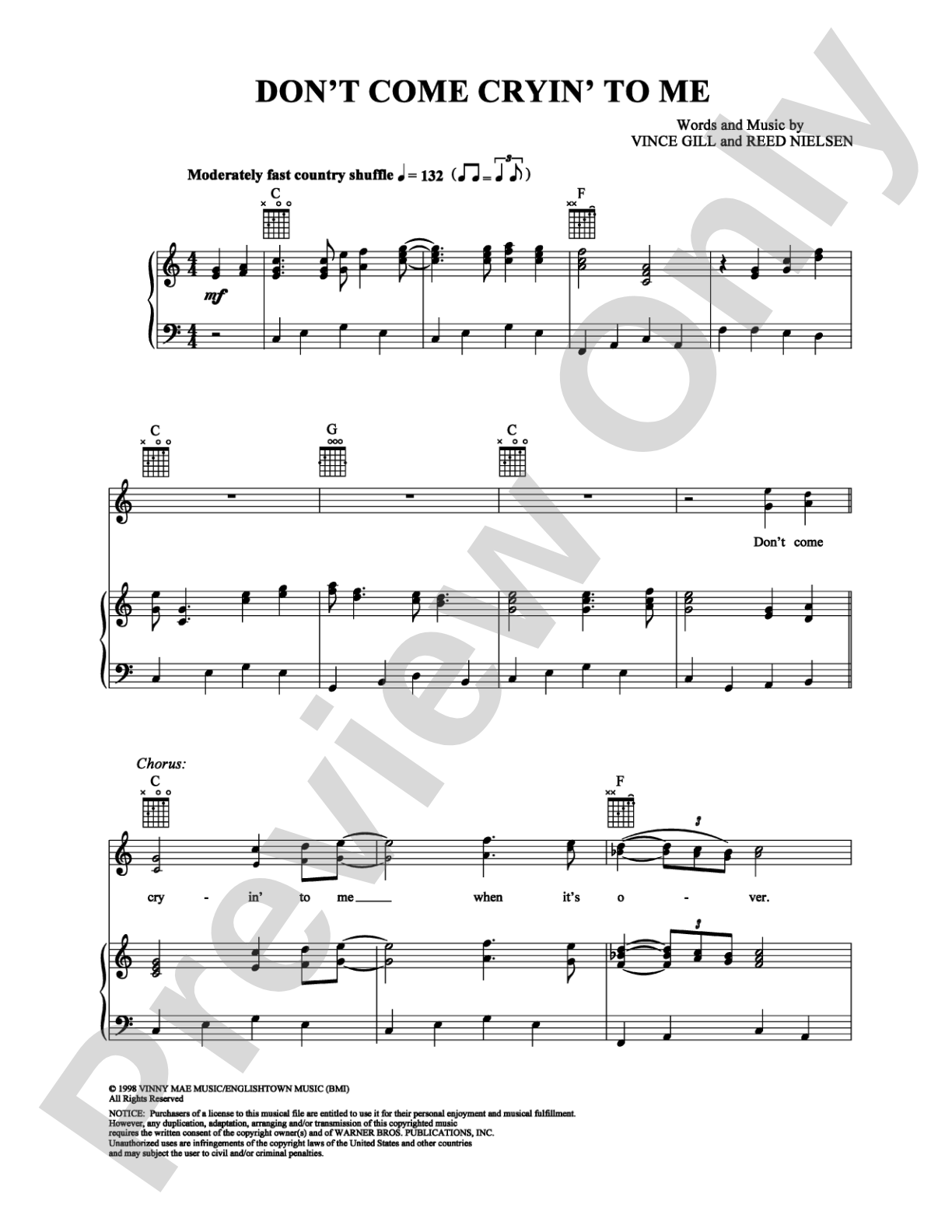 Don't Come Cryin' To Me: Piano/Vocal/Chords Digital Sheet Music