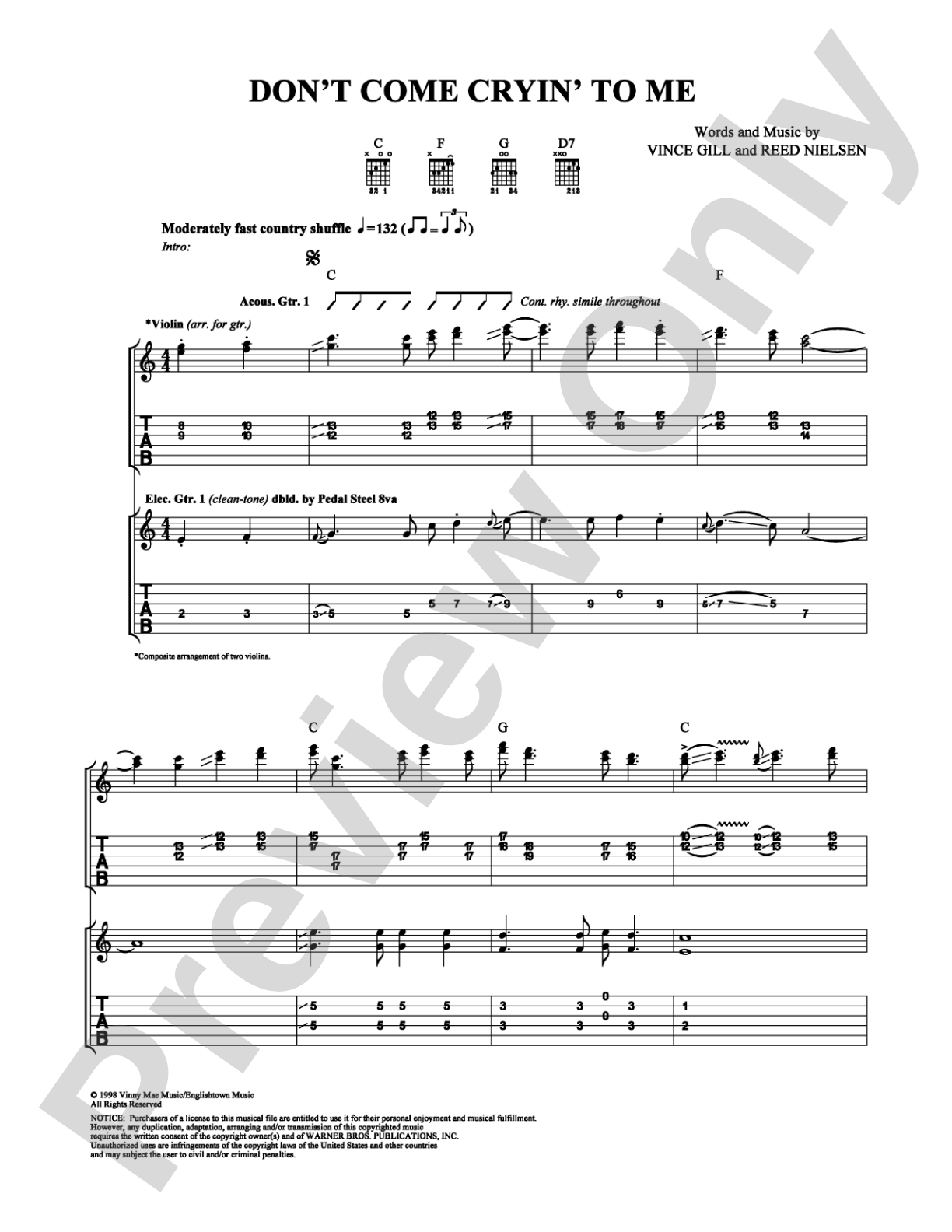 Don't Come Cryin' to Me: Guitar TAB Digital Sheet Music
