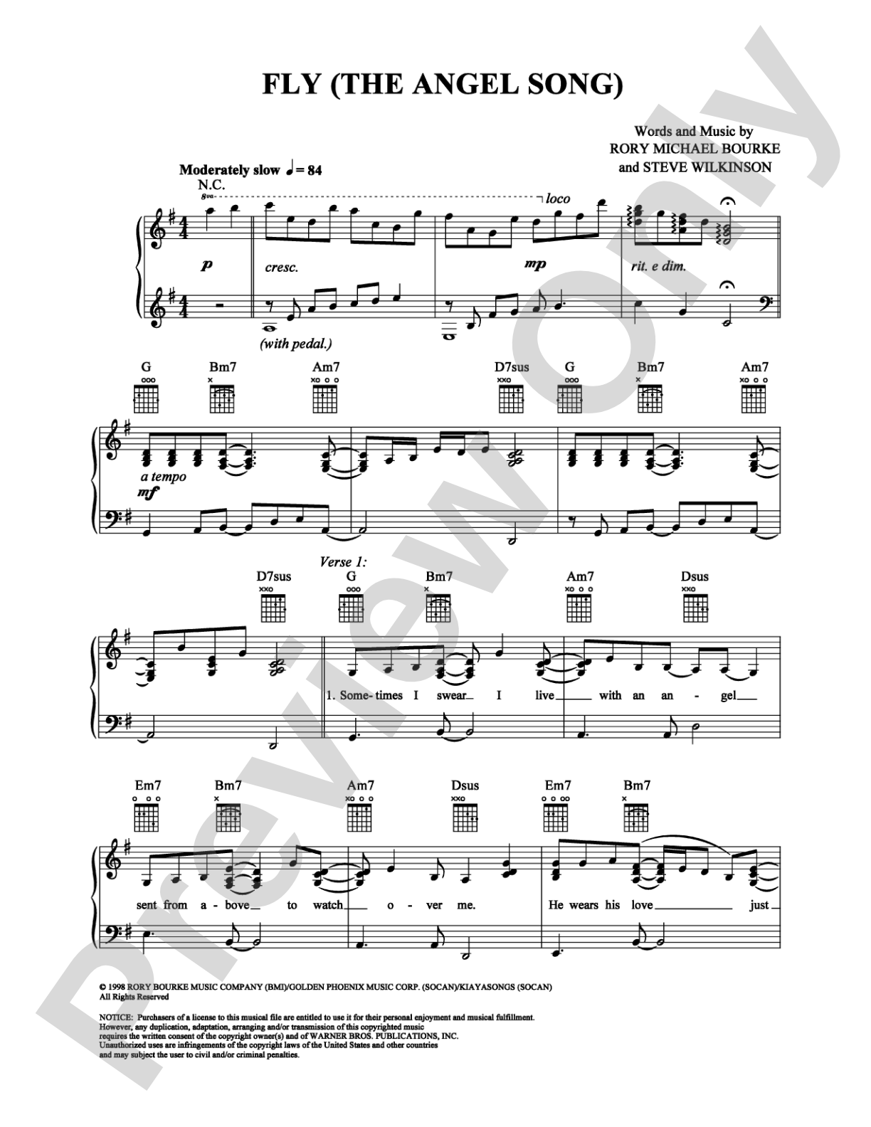 Fly (The Angel Song): Piano/Vocal/Chords Digital Sheet Music