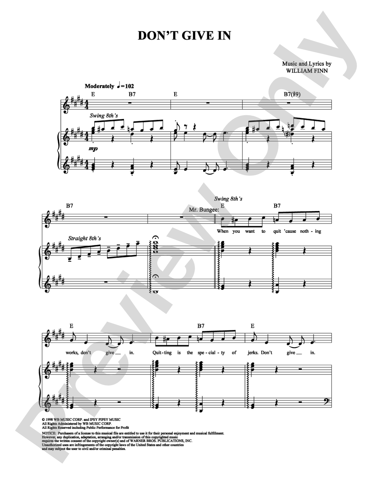 Don't Give In: Piano/Vocal/Chords Digital Sheet Music