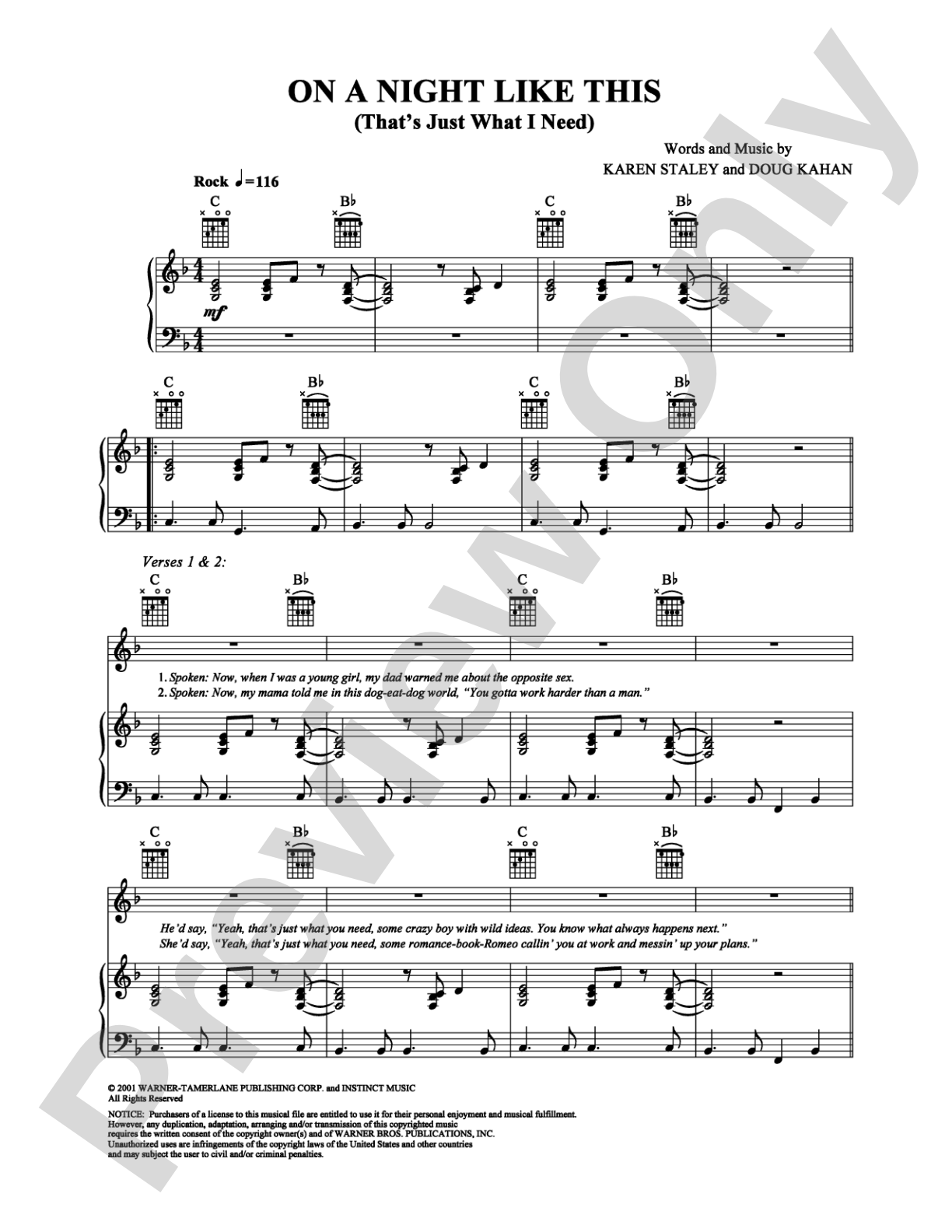 On a Night Like This: Piano/Vocal/Chords Digital Sheet Music