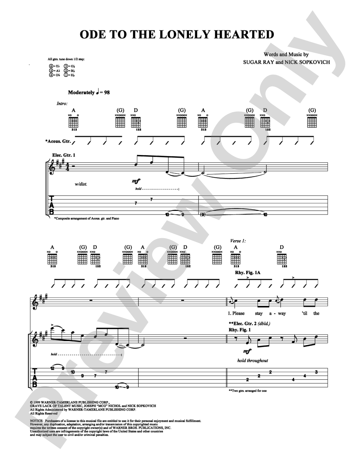 Ode to the Lonely Hearted: Guitar TAB Digital Sheet Music
