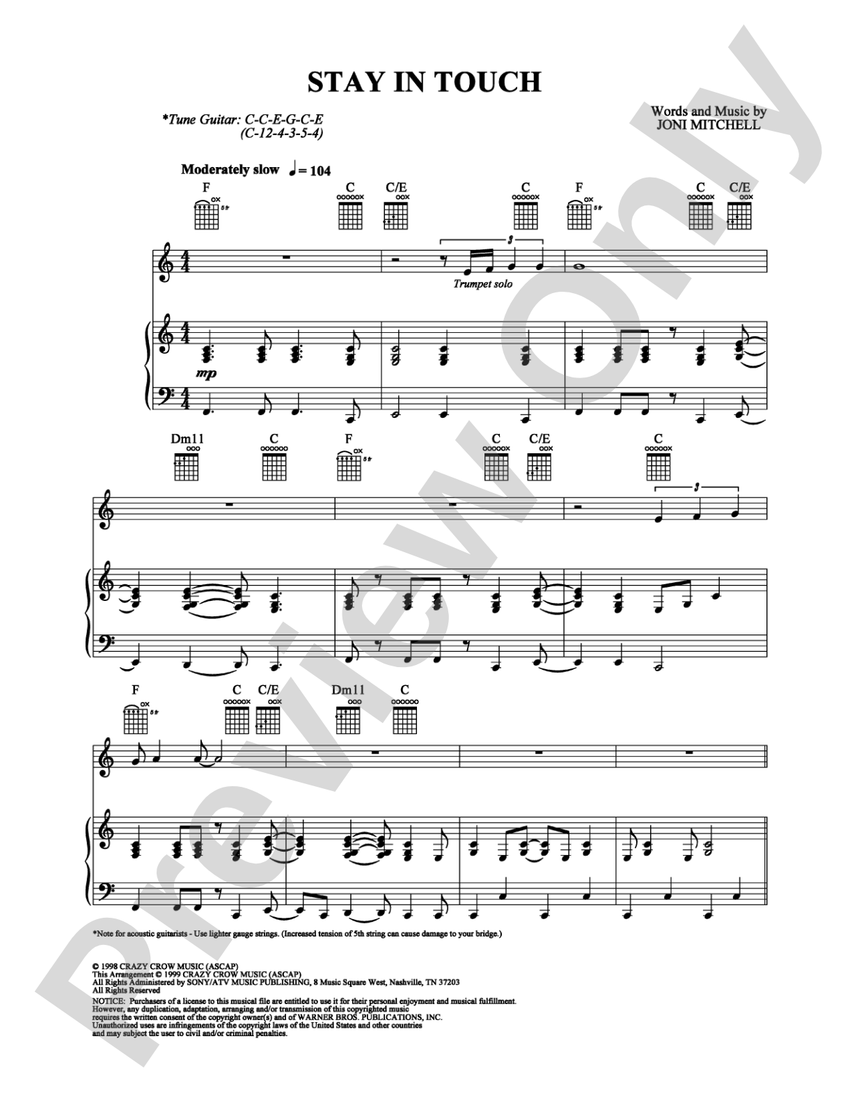 Stay In Touch: Piano/Vocal/Chords Digital Sheet Music