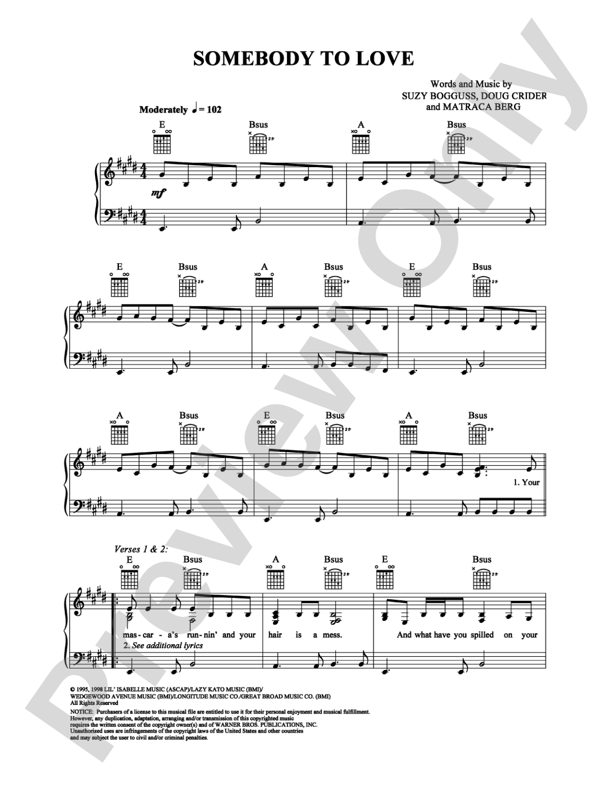 Somebody to Love: Piano/Vocal/Chords Digital Sheet Music