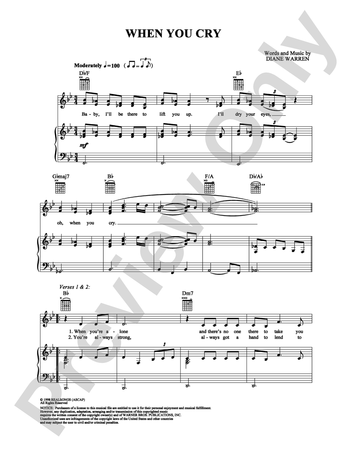 When You Cry: Piano/Vocal/Chords Digital Sheet Music