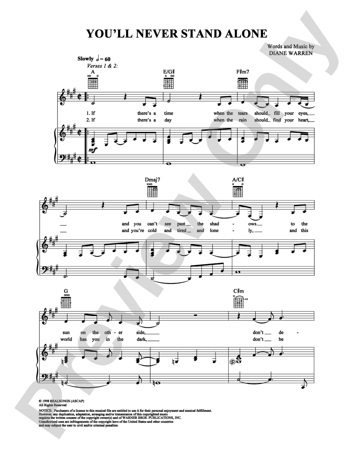 You'll Never Stand Alone: Piano/Vocal/Chords Digital Sheet Music