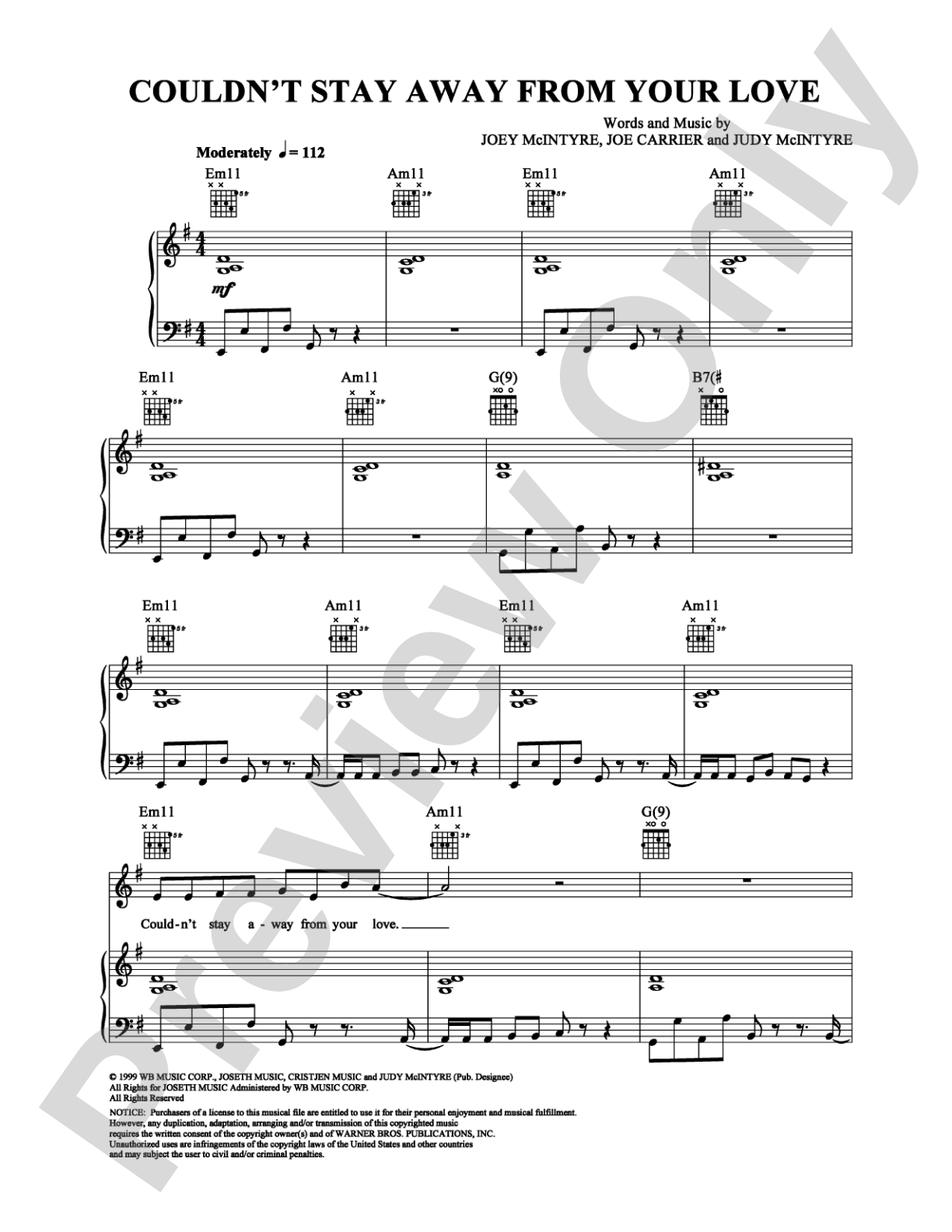Couldn't Stay Away from Your Love: Piano/Vocal/Chords Digital Sheet Music