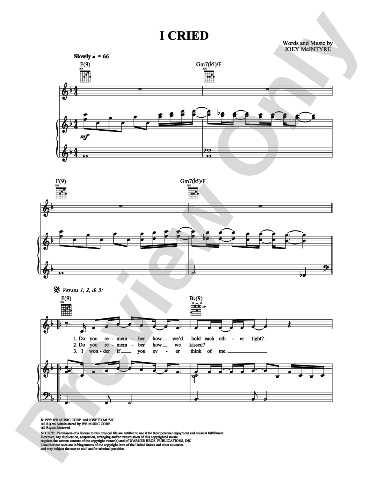 I Cried: Piano/Vocal/Chords Digital Sheet Music